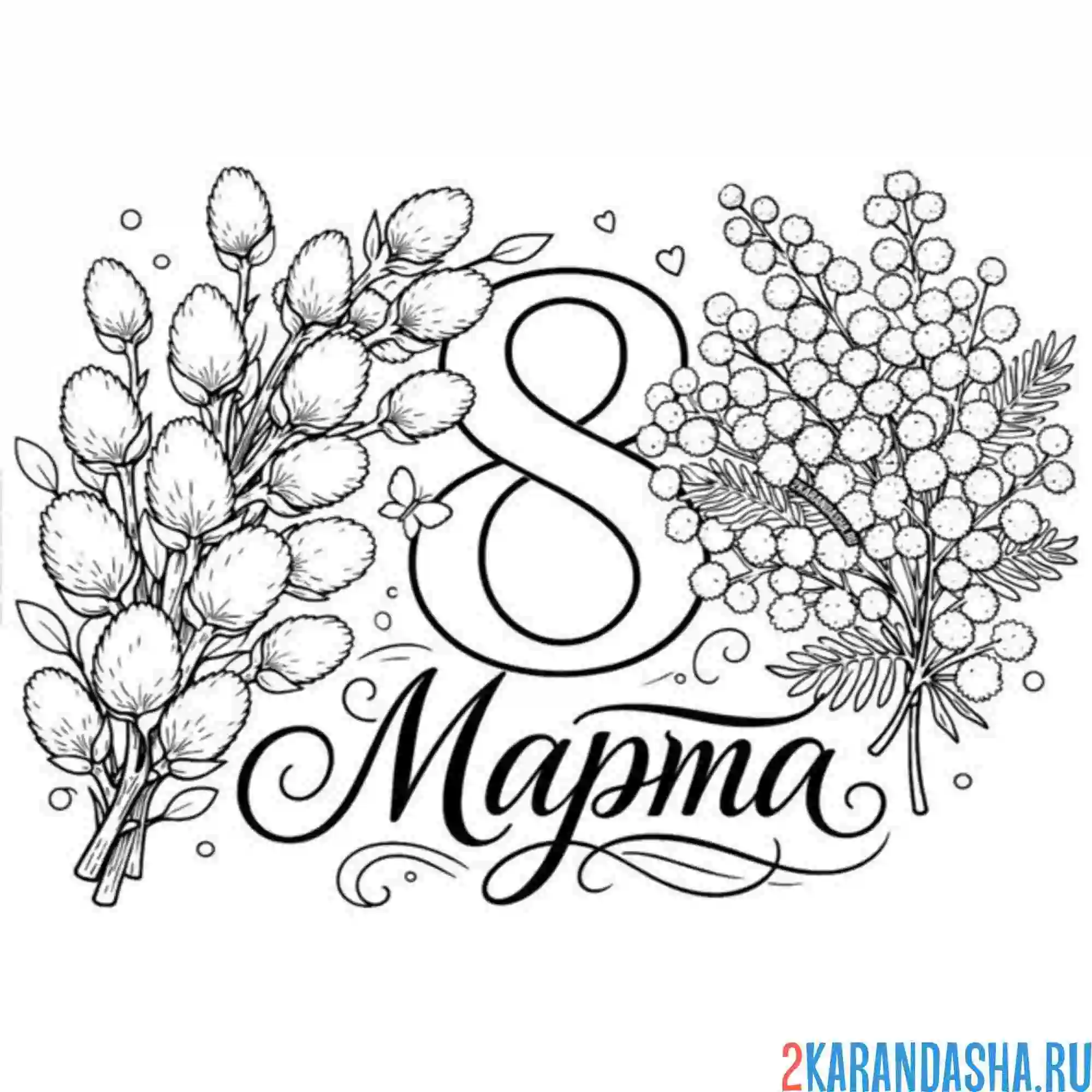 Раскраска 8 марта - мимоза и верба