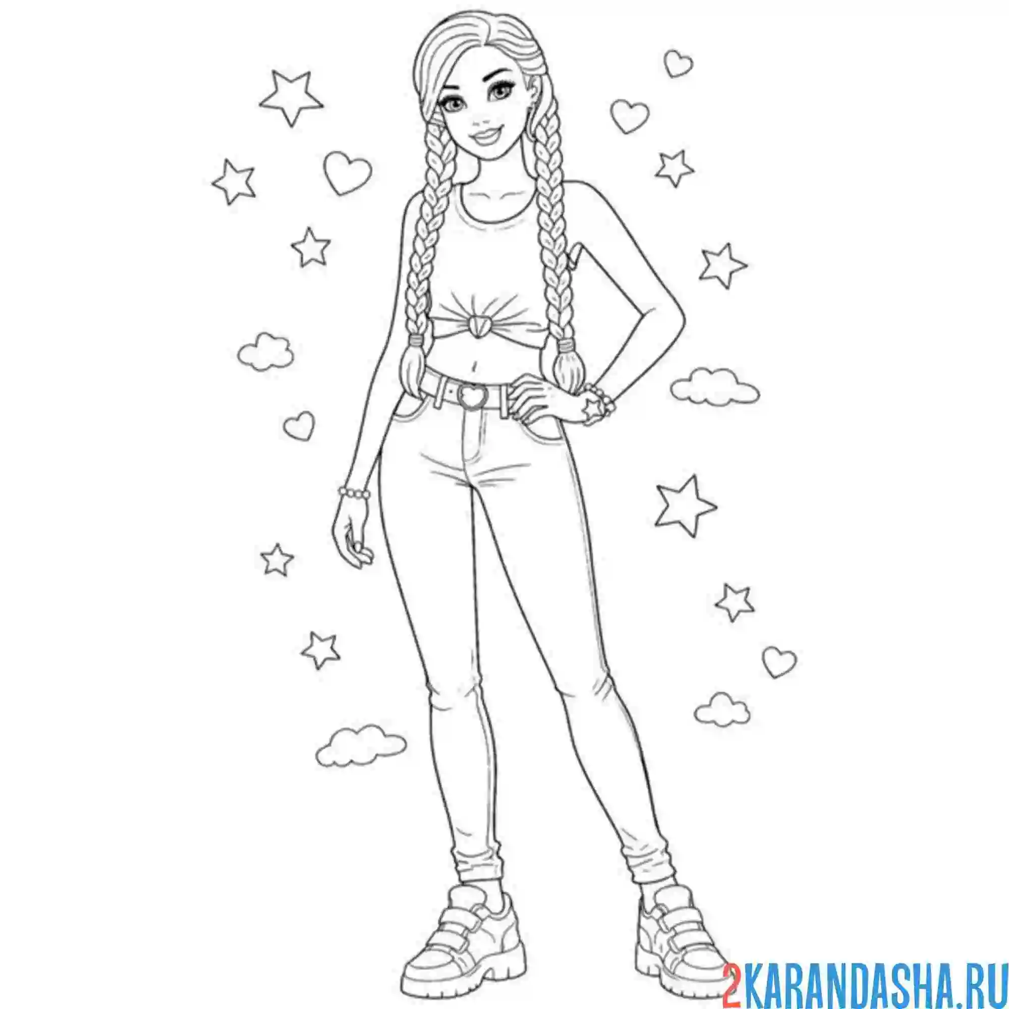 Раскраска девушка с двумя косичками