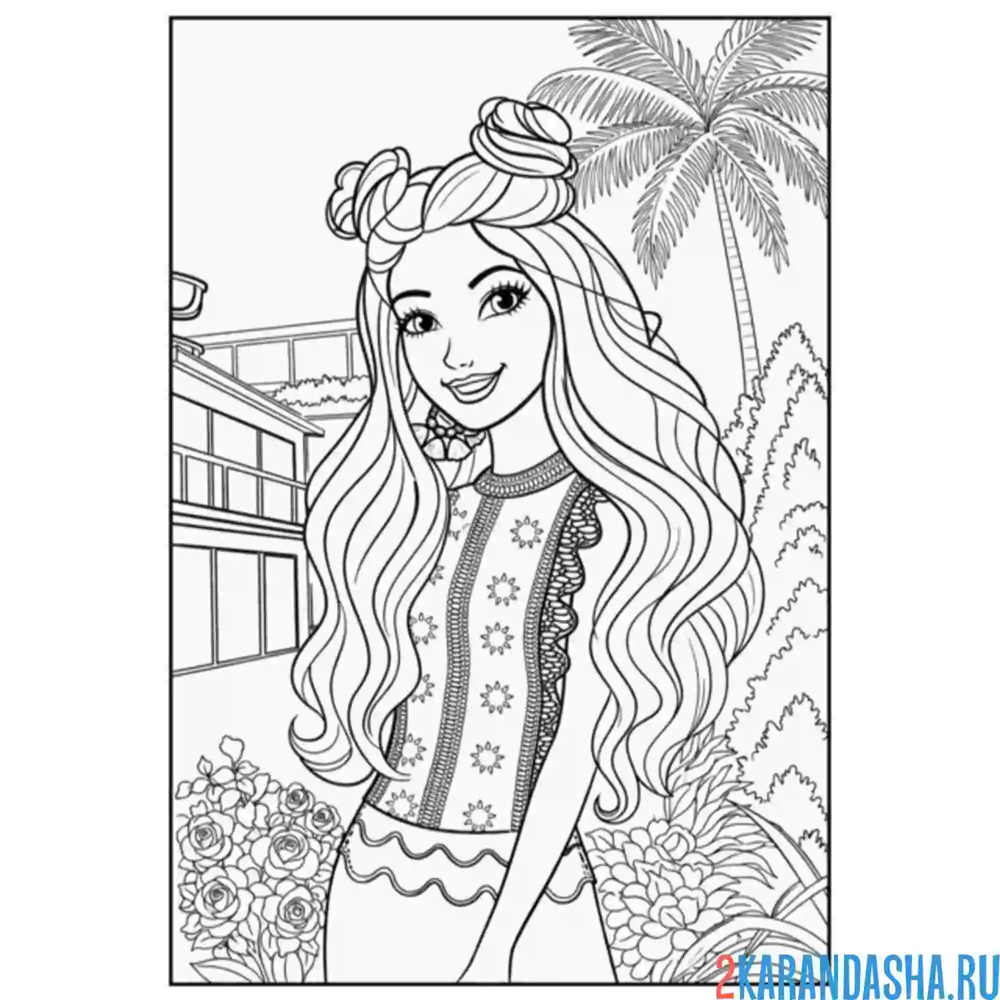 Раскраска барби с красивой прической на улице