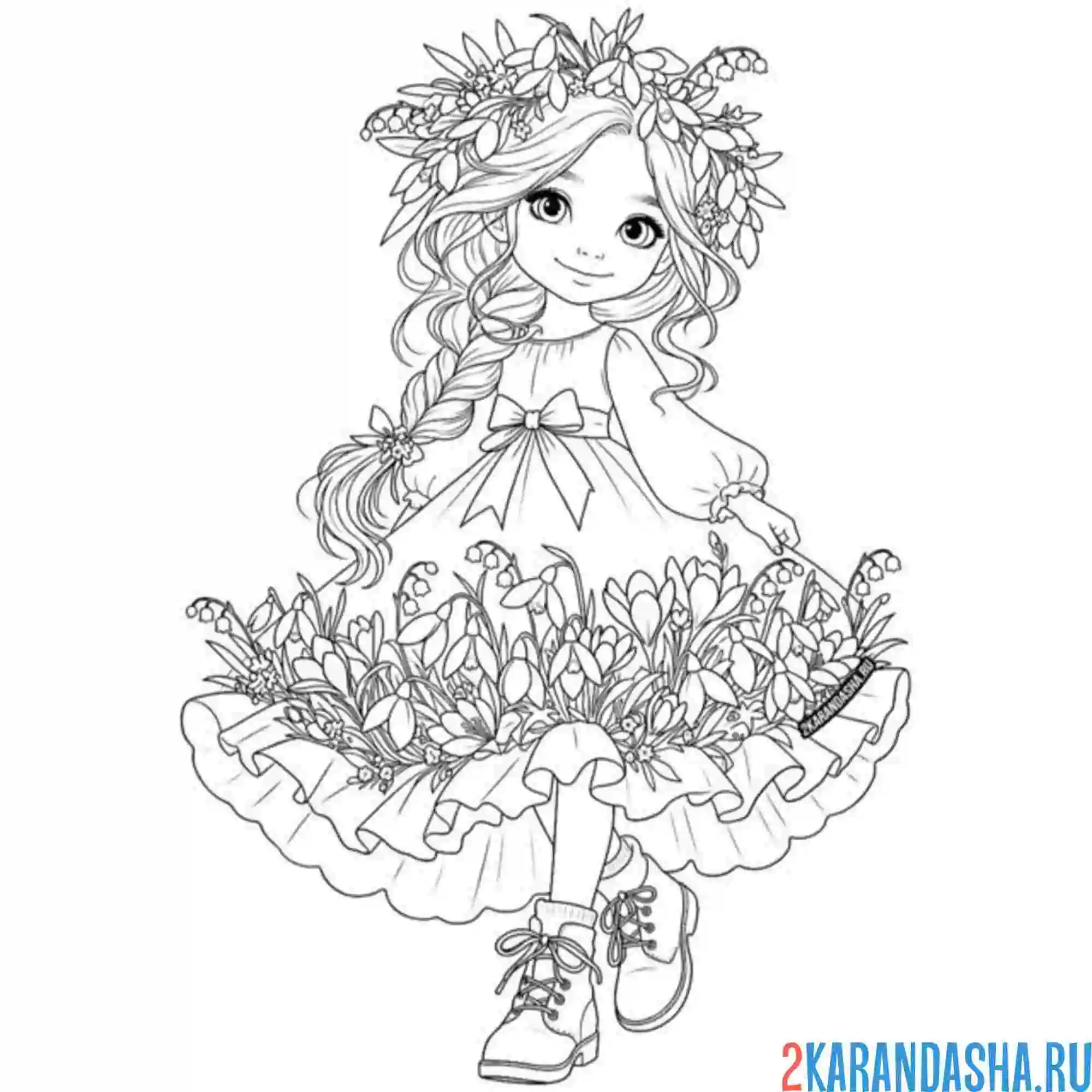 Раскраска девочка весна и ландыши