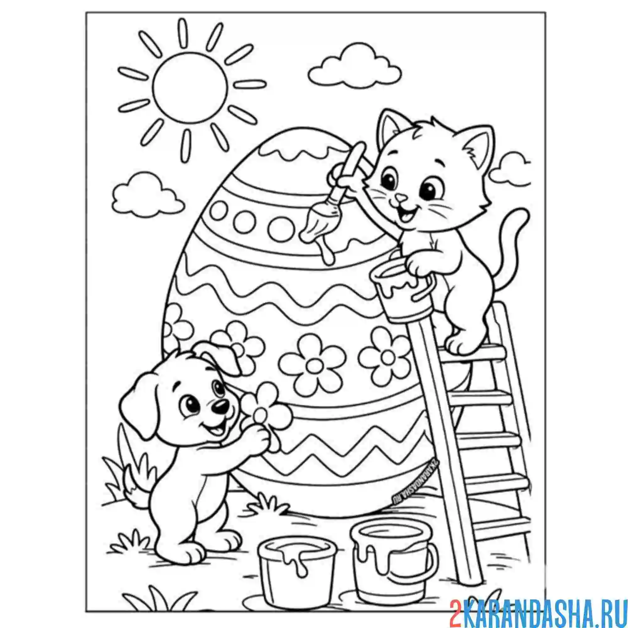 Раскраска котик и собачка красит яйцо