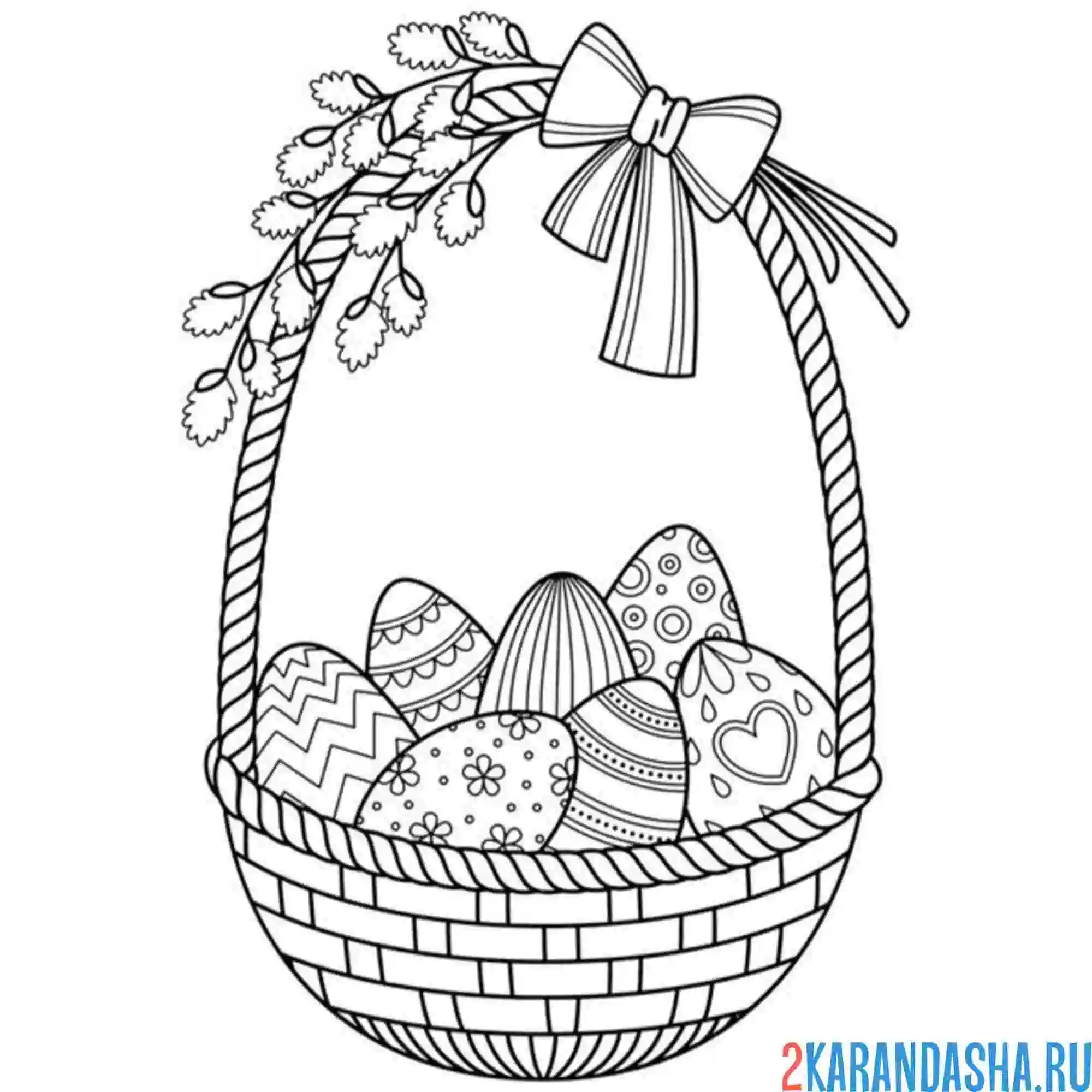 Раскраска корзинка с пасхальными яйцами и верба