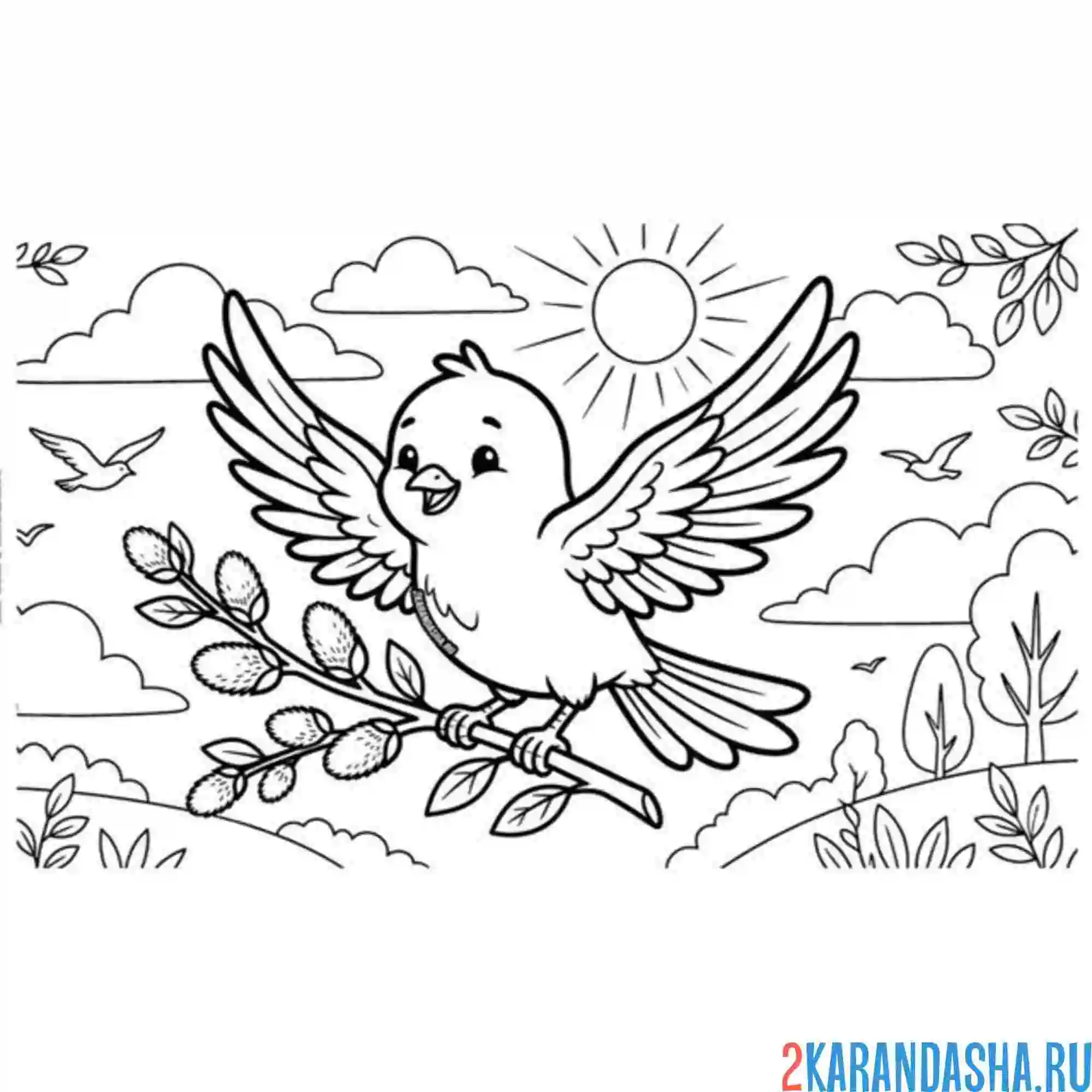 Раскраска птичка держит веточку вербы