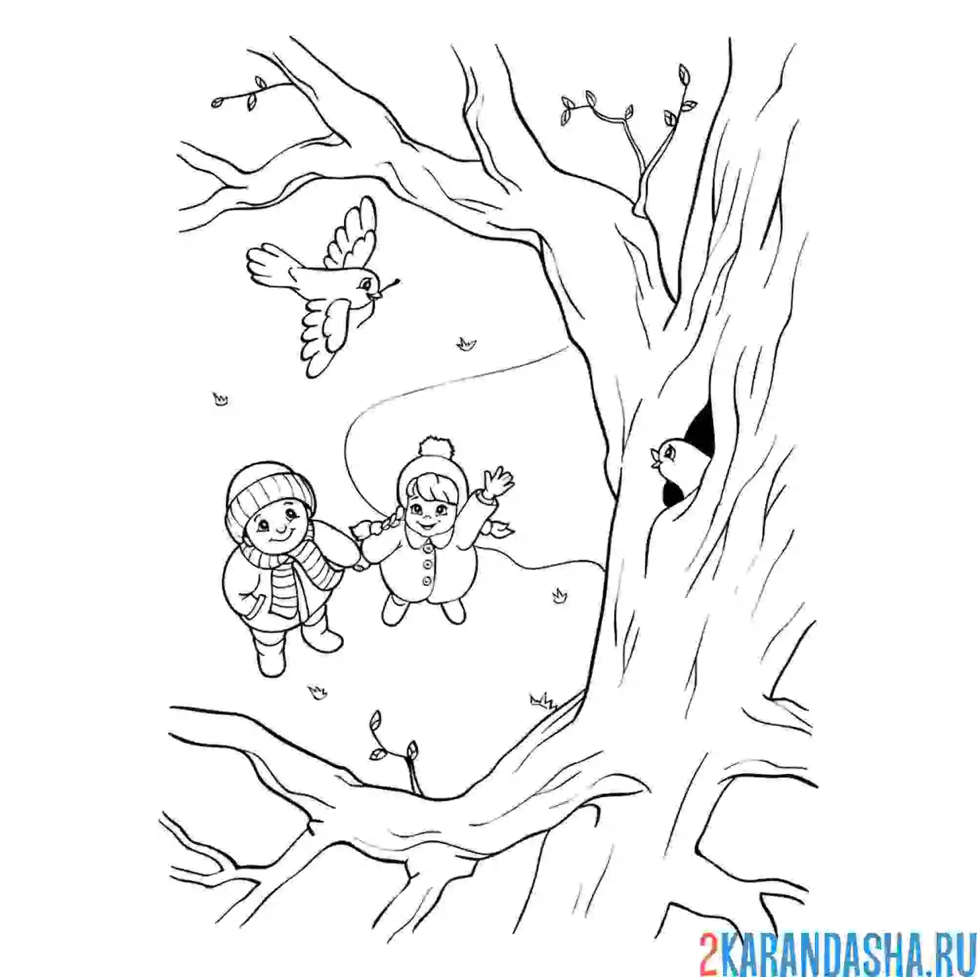 Раскраска весенняя природа с птичками и птенцами