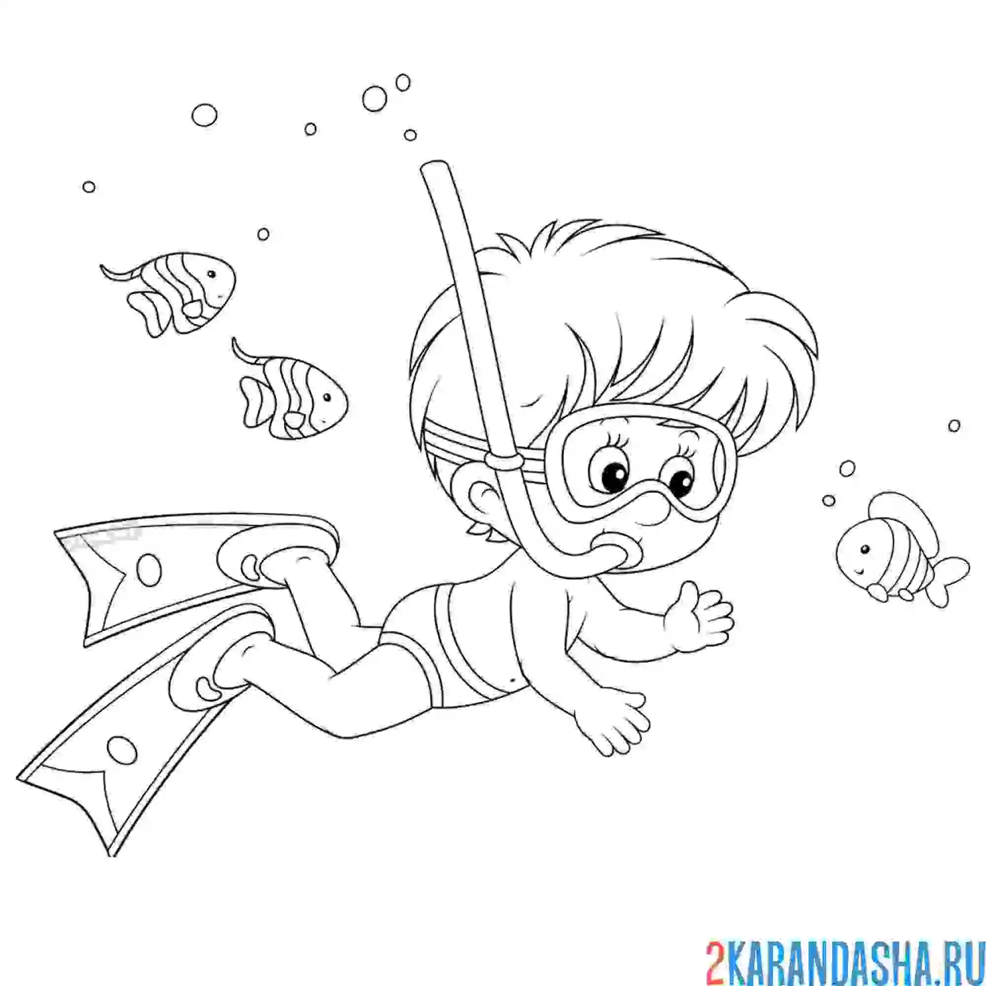 Раскраска мальчик плавает под водой