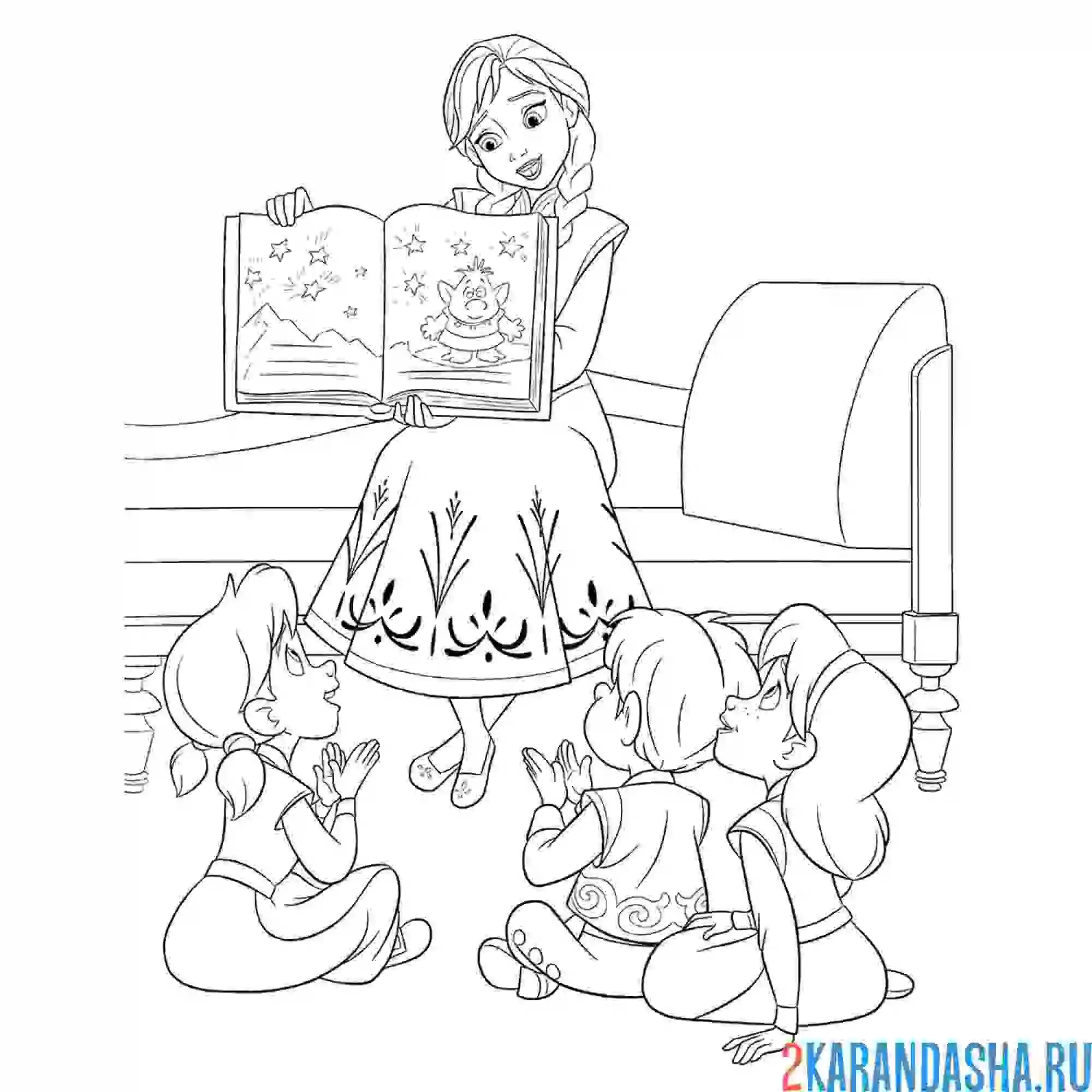 Раскраска анна читает сказку мэри и детям о троллях
