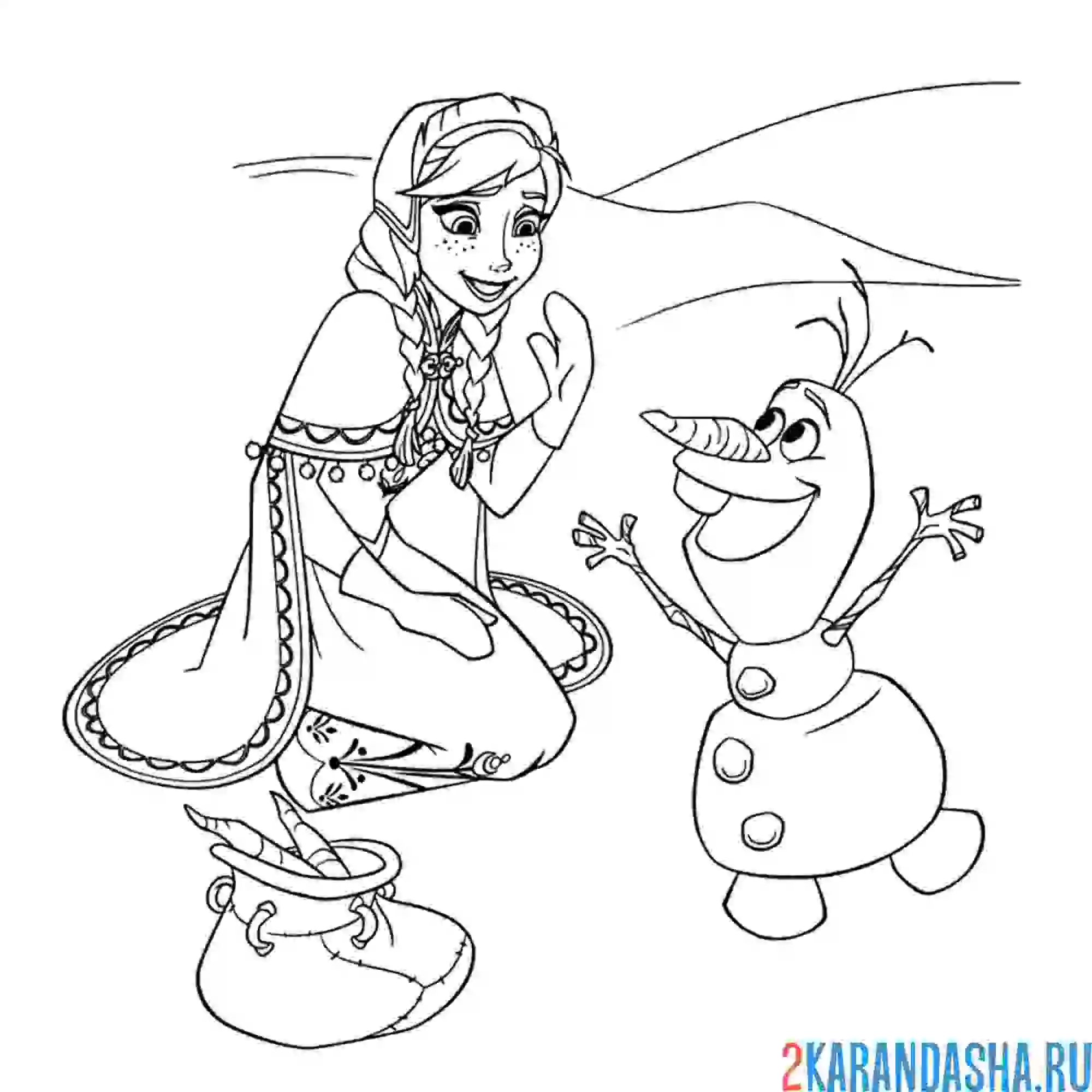 Раскраска веселые анна и снеговик олаф