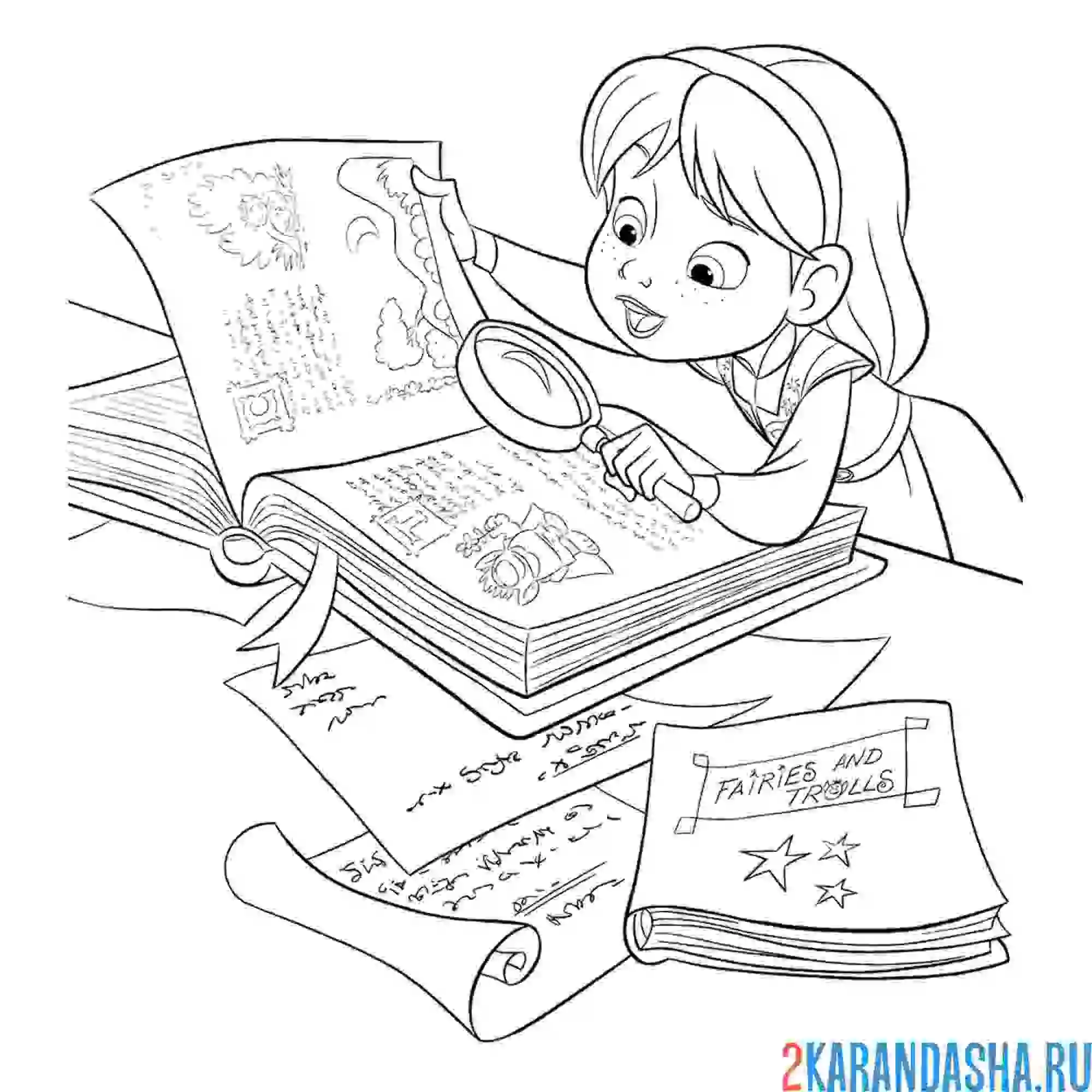 Раскраска девочка мэри читает книгу про троллей