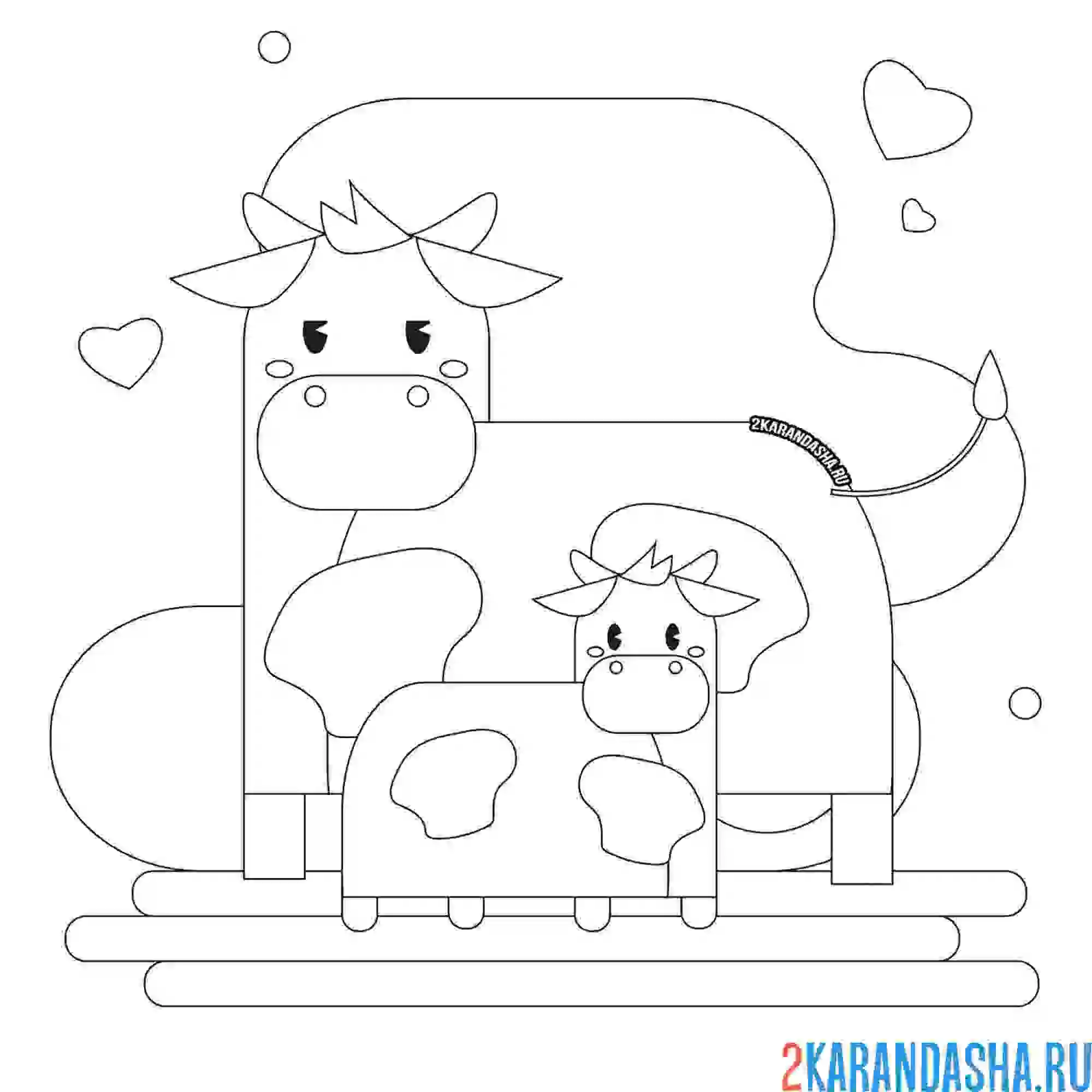 Раскраска мама коровка с теленком