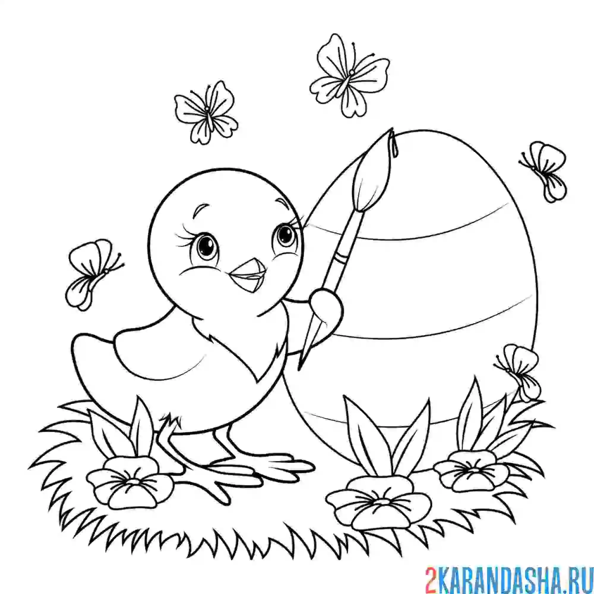 Раскраска цыпленок красит яичко на пасху