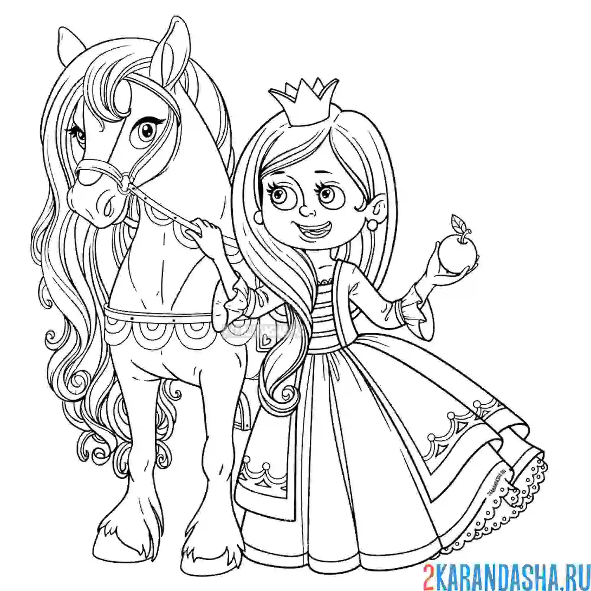 Раскраска принцесса в платье и с конем