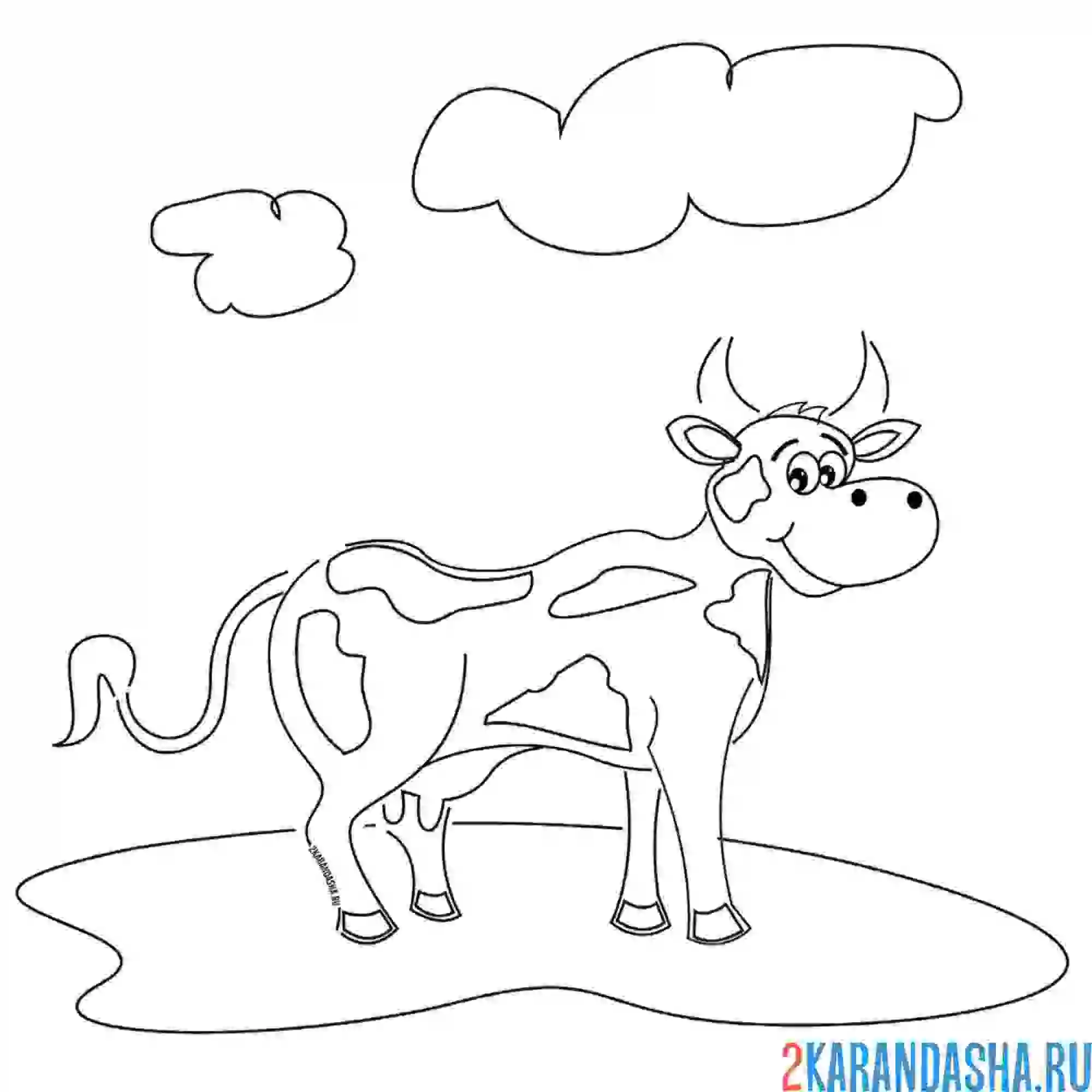 Раскраска корова на траве под облаками