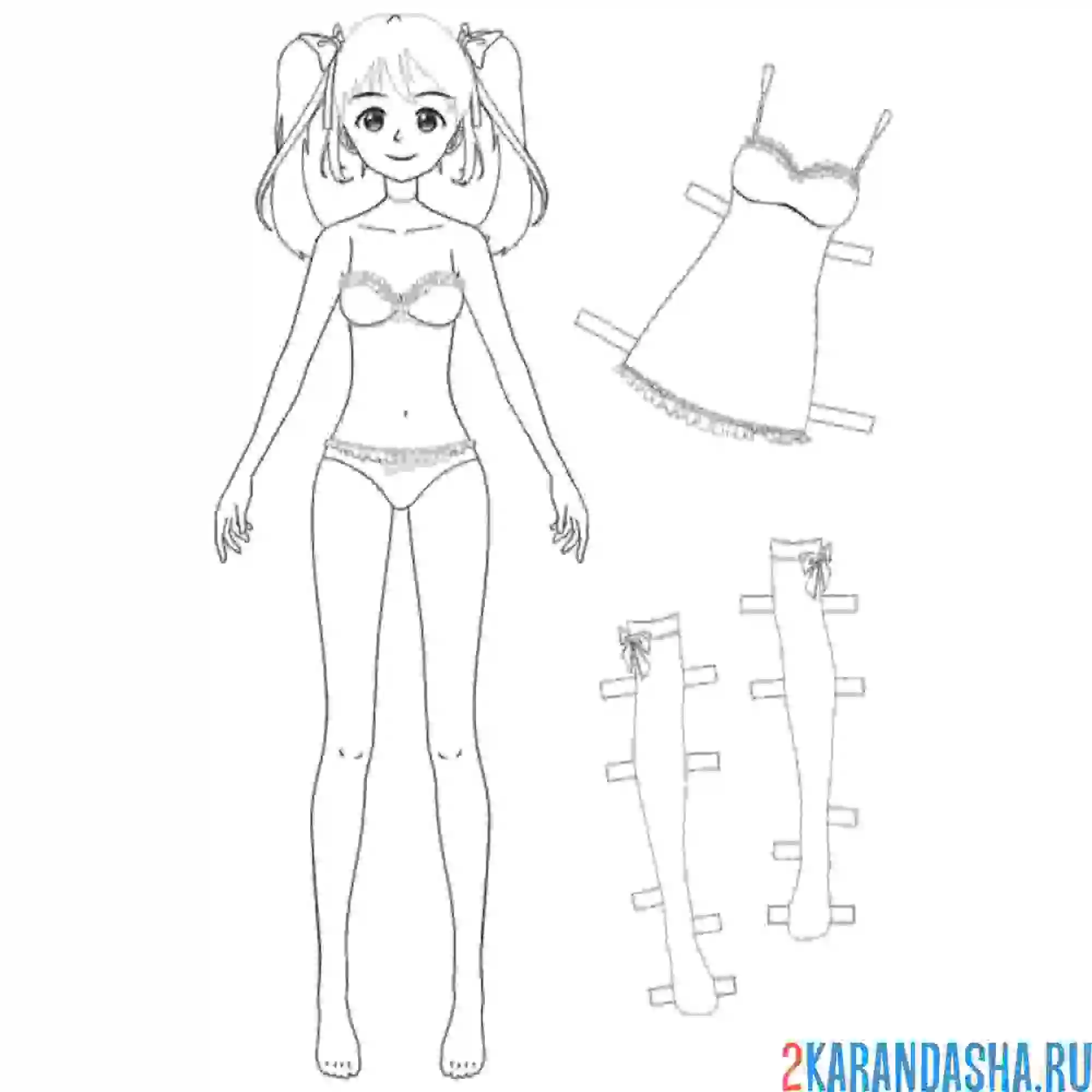 Раскраска бумажная кукла для вырезания нико с одеждой: чулки и платье