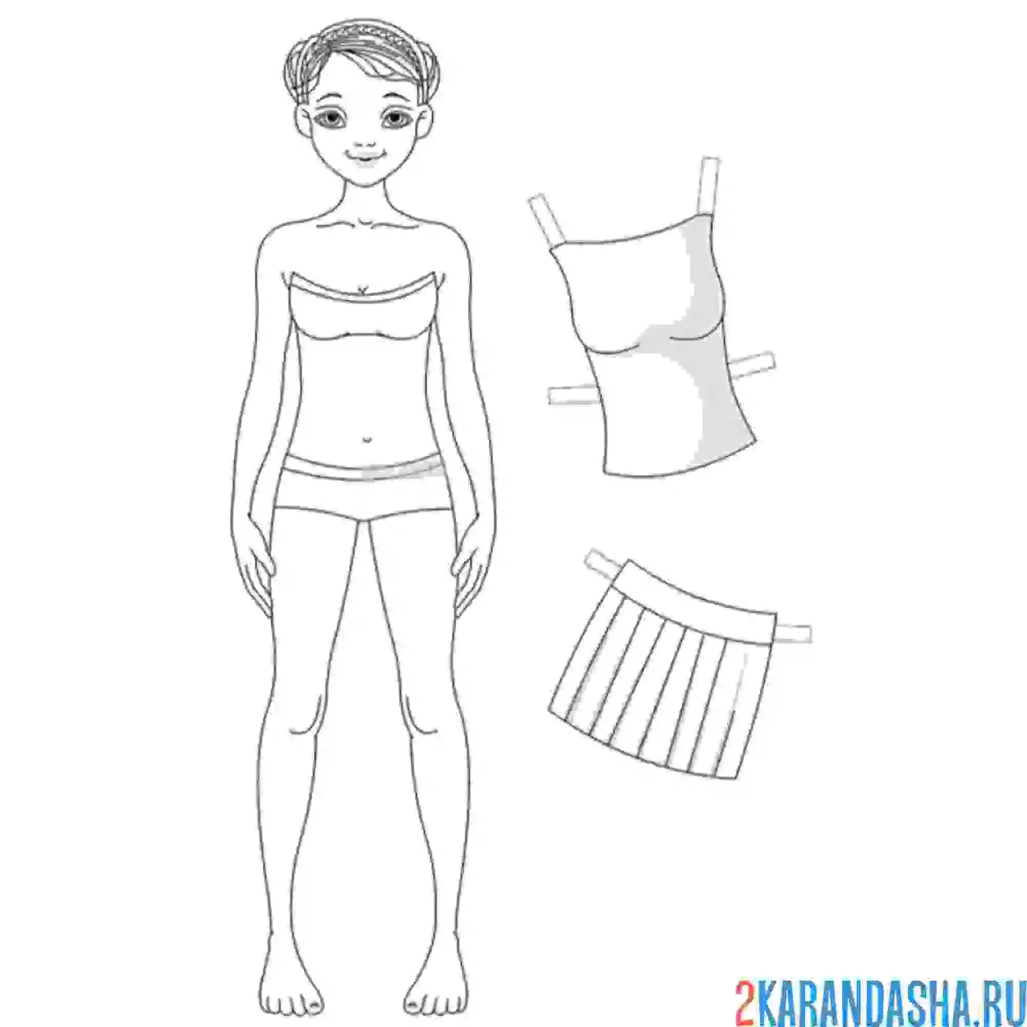 Раскраска бумажная кукла для вырезания настя с одеждой: юбка и топик