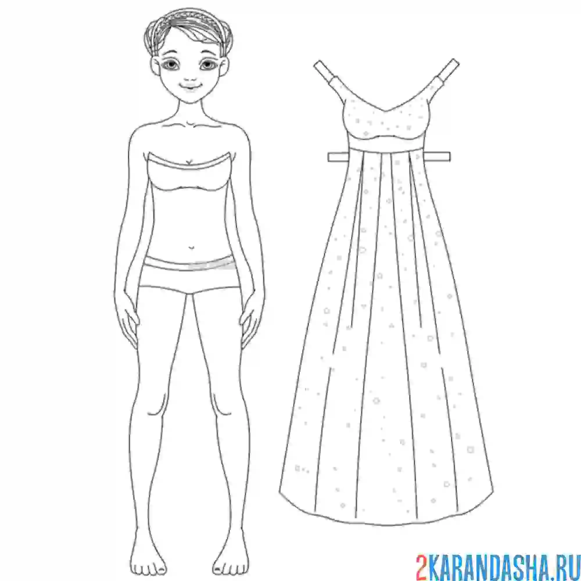 Раскраска бумажная кукла для вырезания настя с одеждой: длинное платье