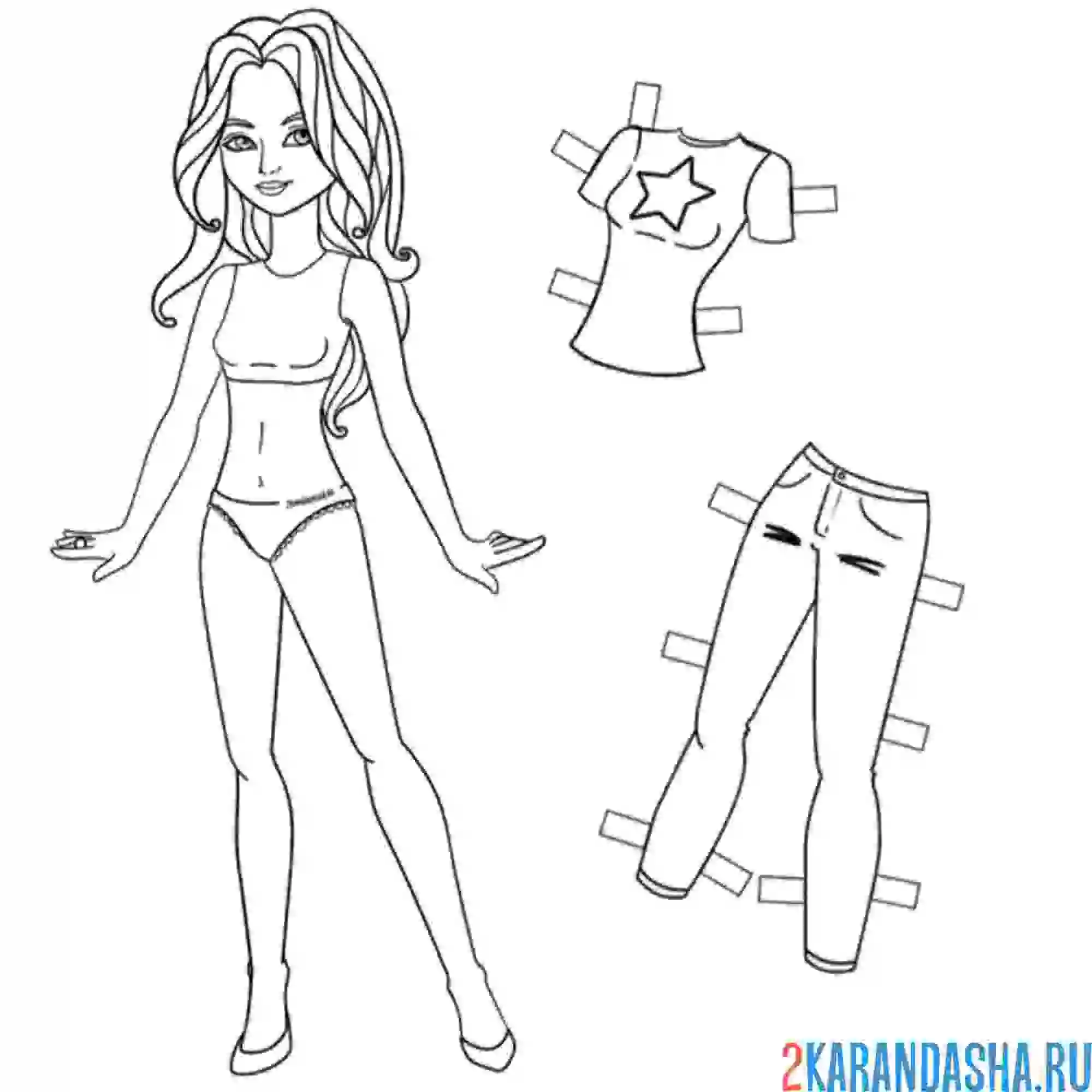 Раскраска бумажная кукла для вырезания миа с одеждой: футболка и джинсы
