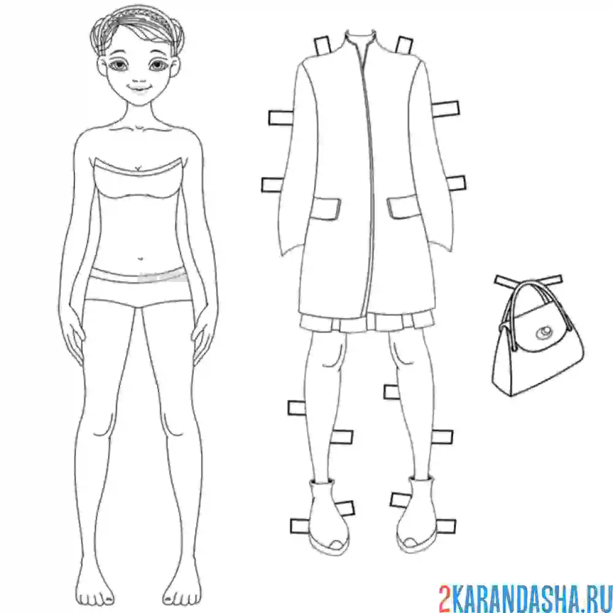 Раскраска бумажная кукла для вырезания настя с теплой одеждой на осень или весну, сумка