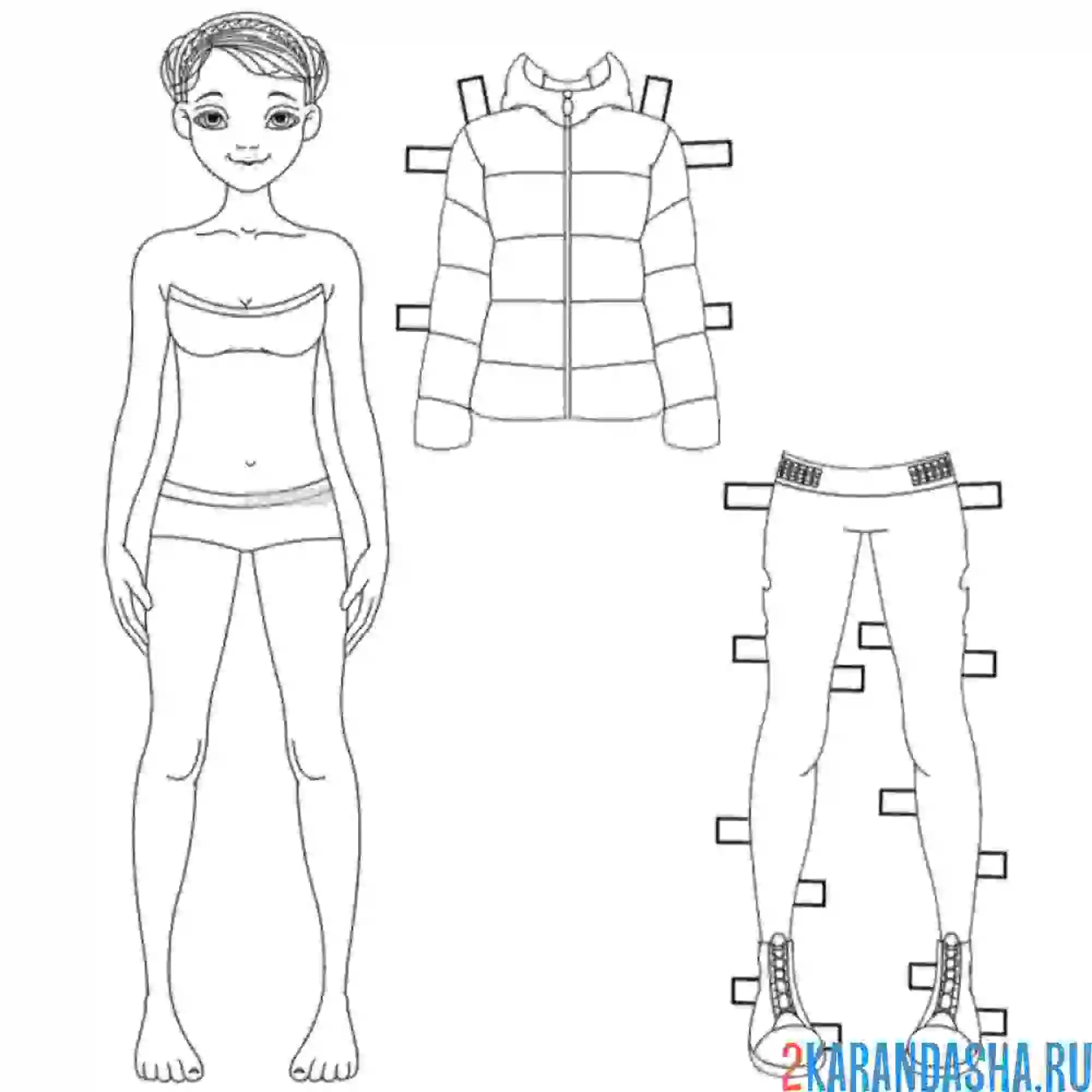Раскраска бумажная кукла для вырезания настя в одежде: куртка и джинсы
