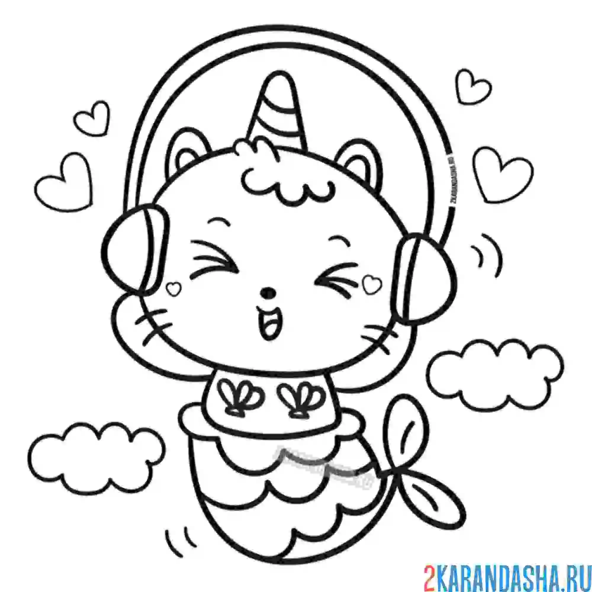 Раскраска кот единорог русалка с хвостом в наушниках