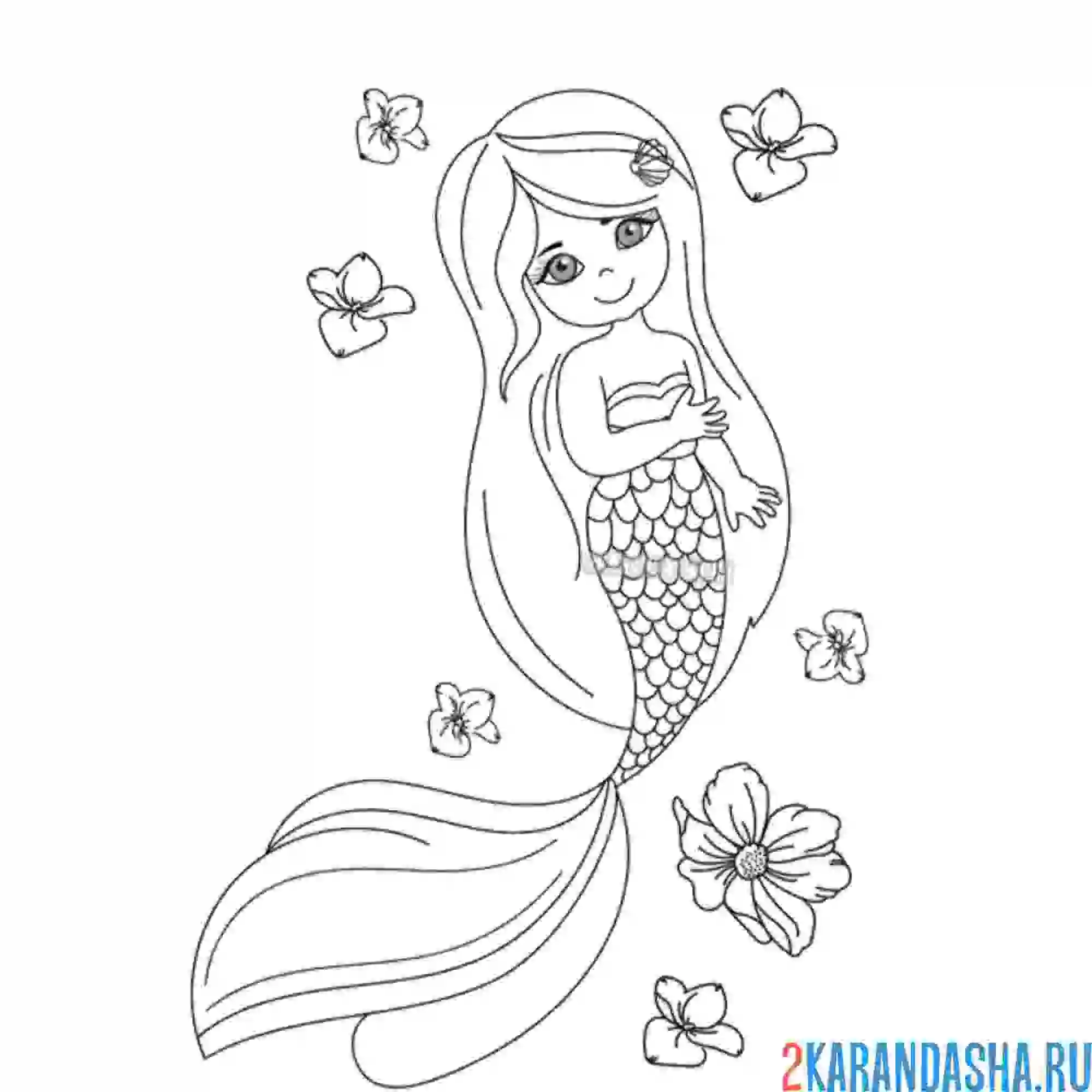 Раскраска русалка с красивым хвостом и в цветах