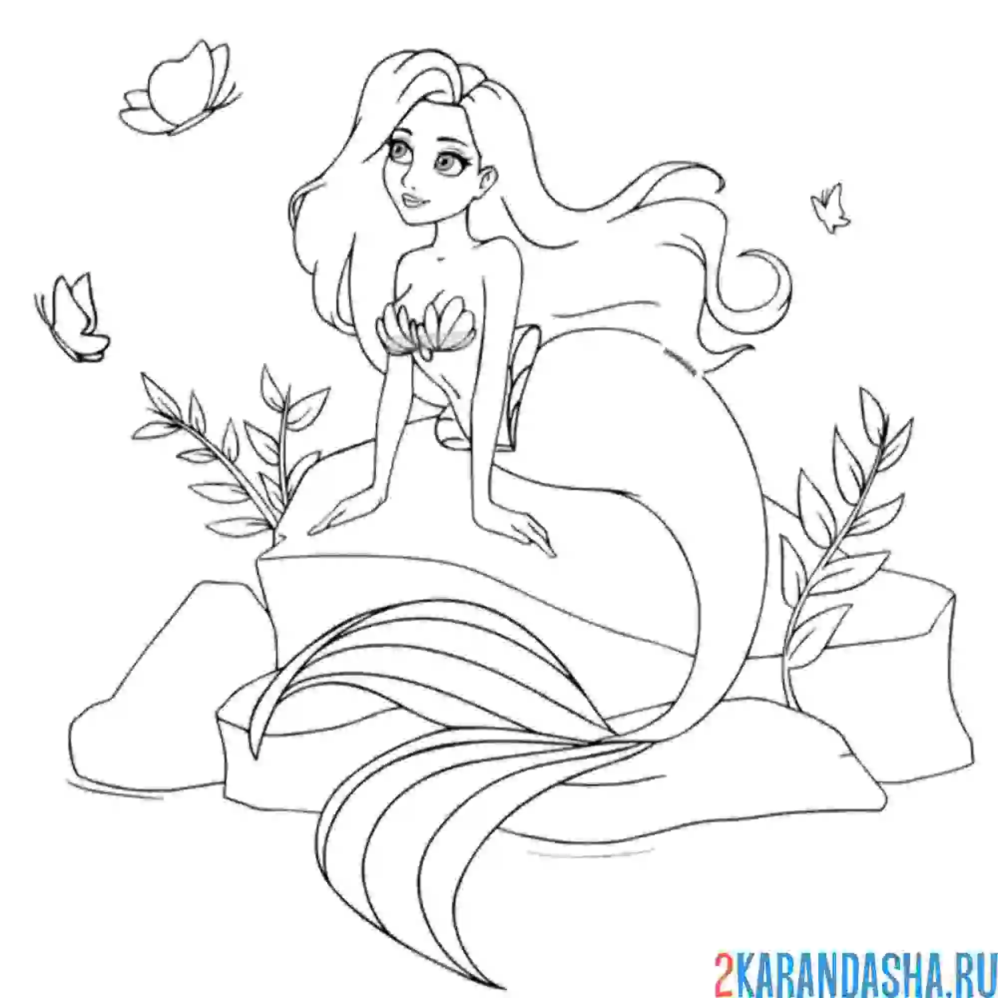 Раскраска русалка с красивыми волосами сидит на камне