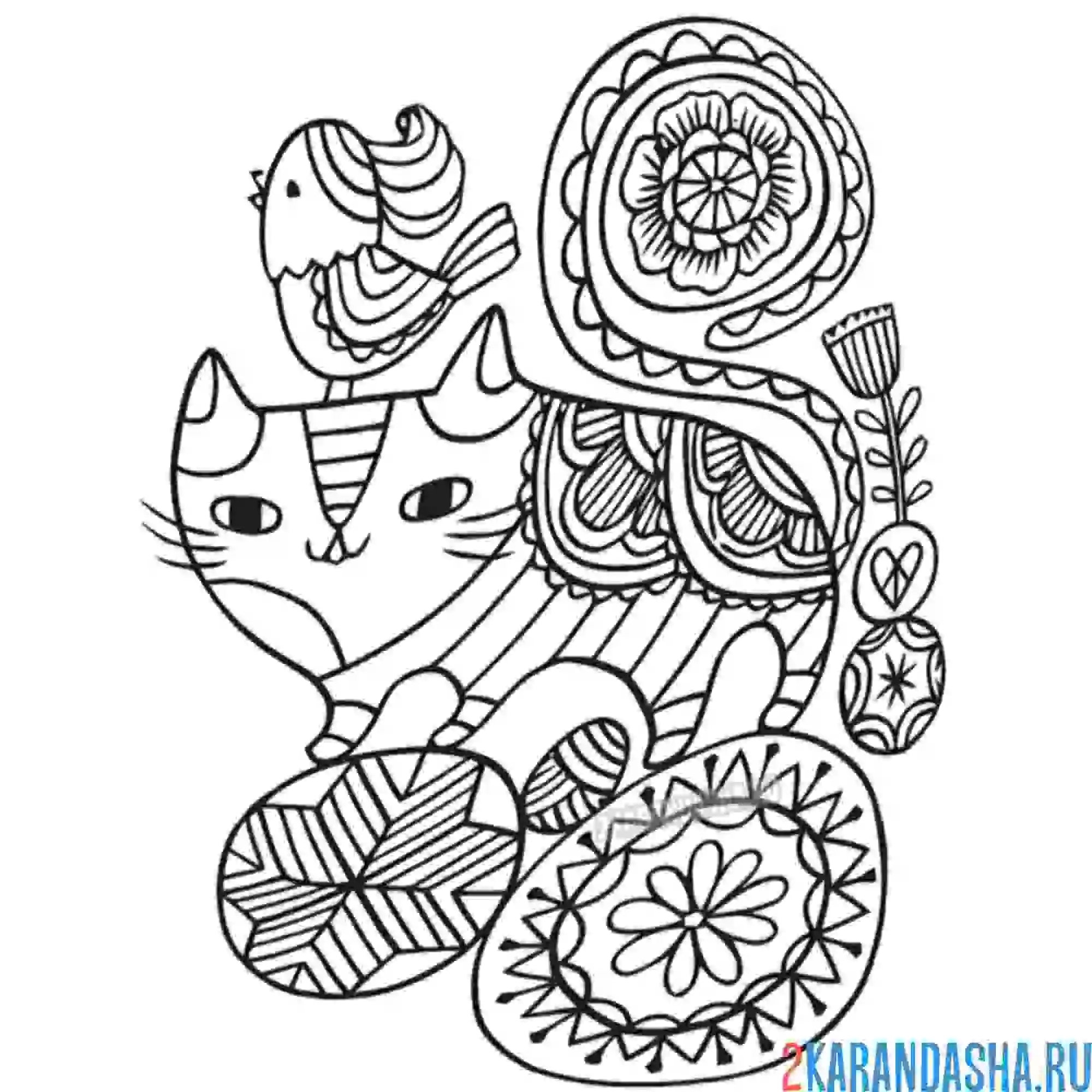 Раскраска котики и птичка