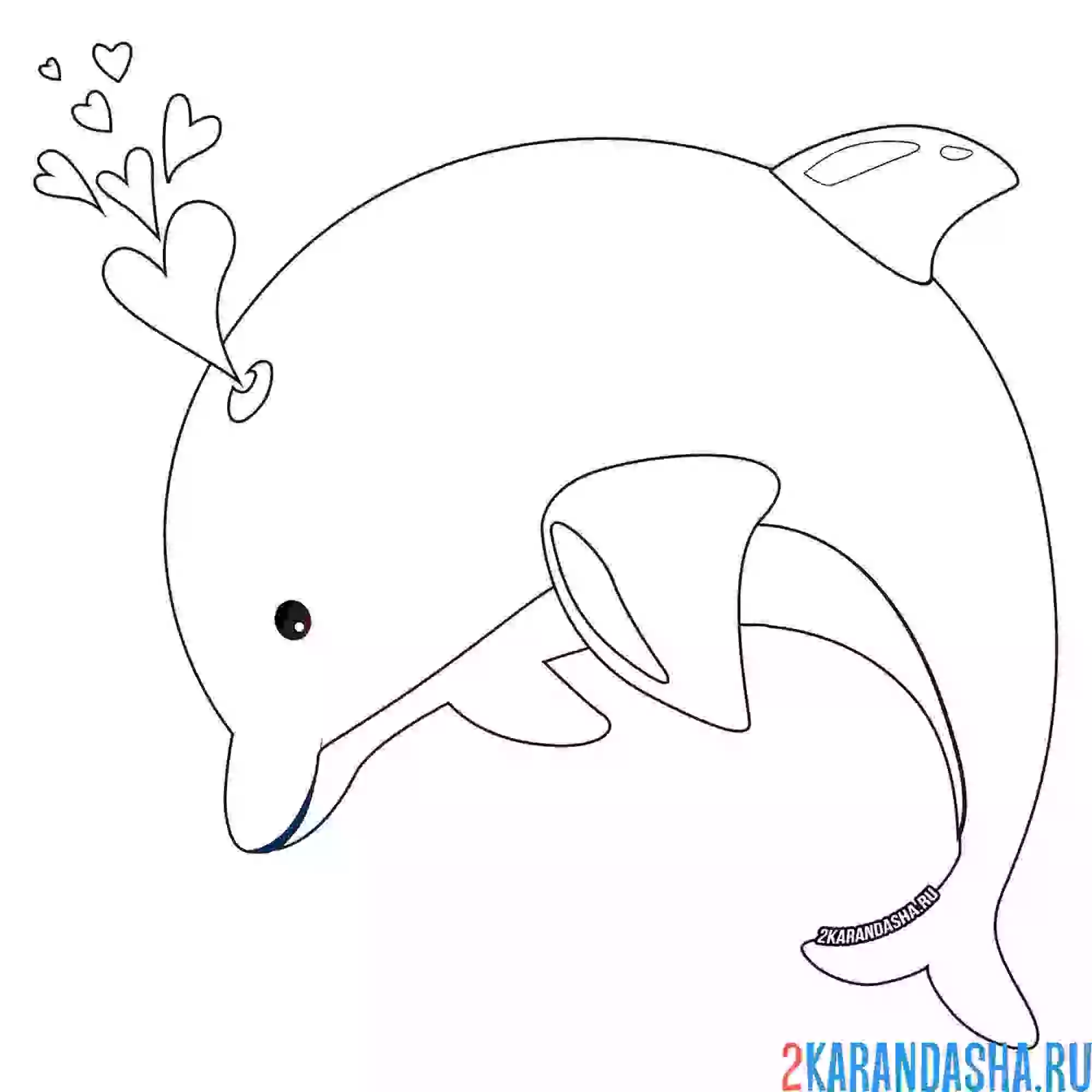 Раскраска дельфин милый с сердечками