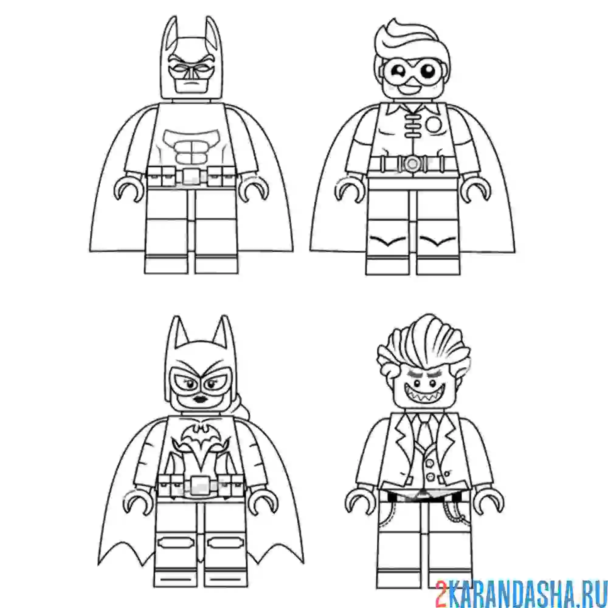 Раскраска робин, бэтмен, бэтгерл и джокер