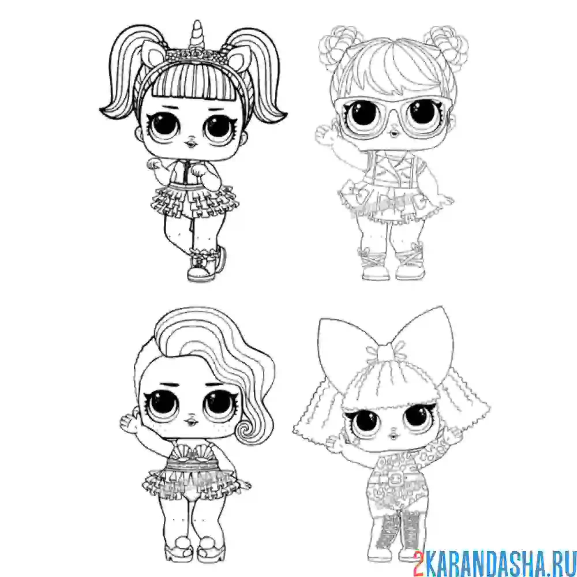 Раскраска много кукол лол на одном листе