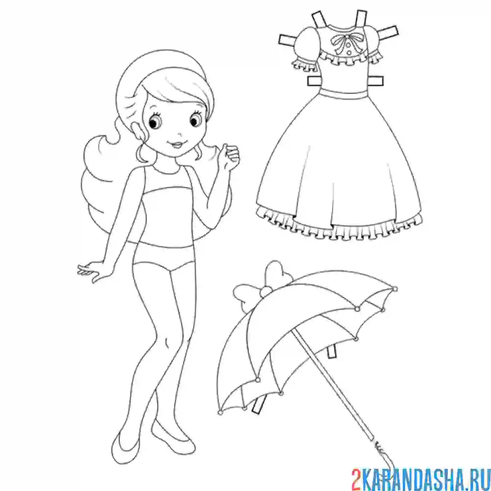 Раскраска бумажная кукла для вырезания маруся с одеждой: летнее платье и зонтик