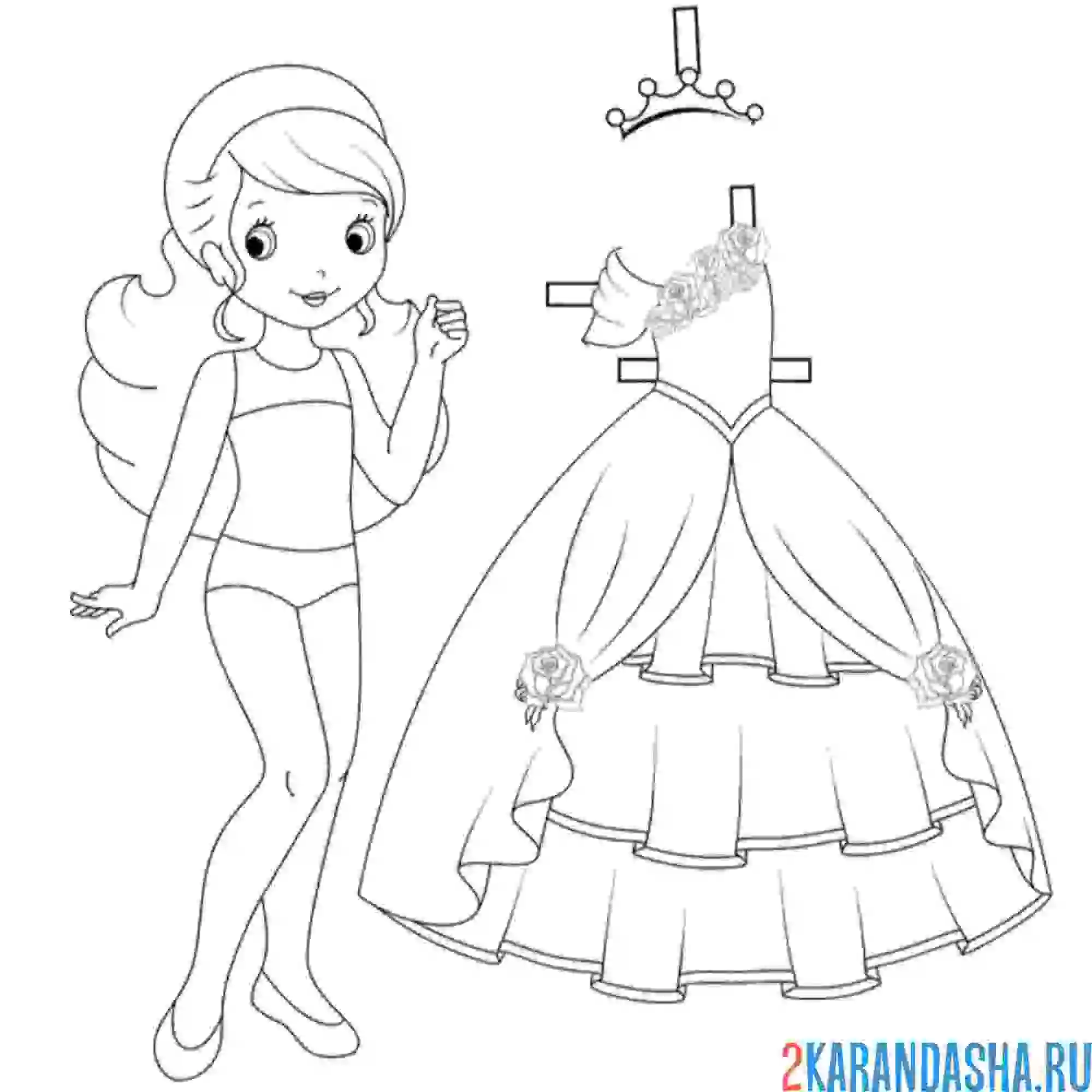 Раскраска бумажная кукла для вырезания маруся в платье принцессы и корона