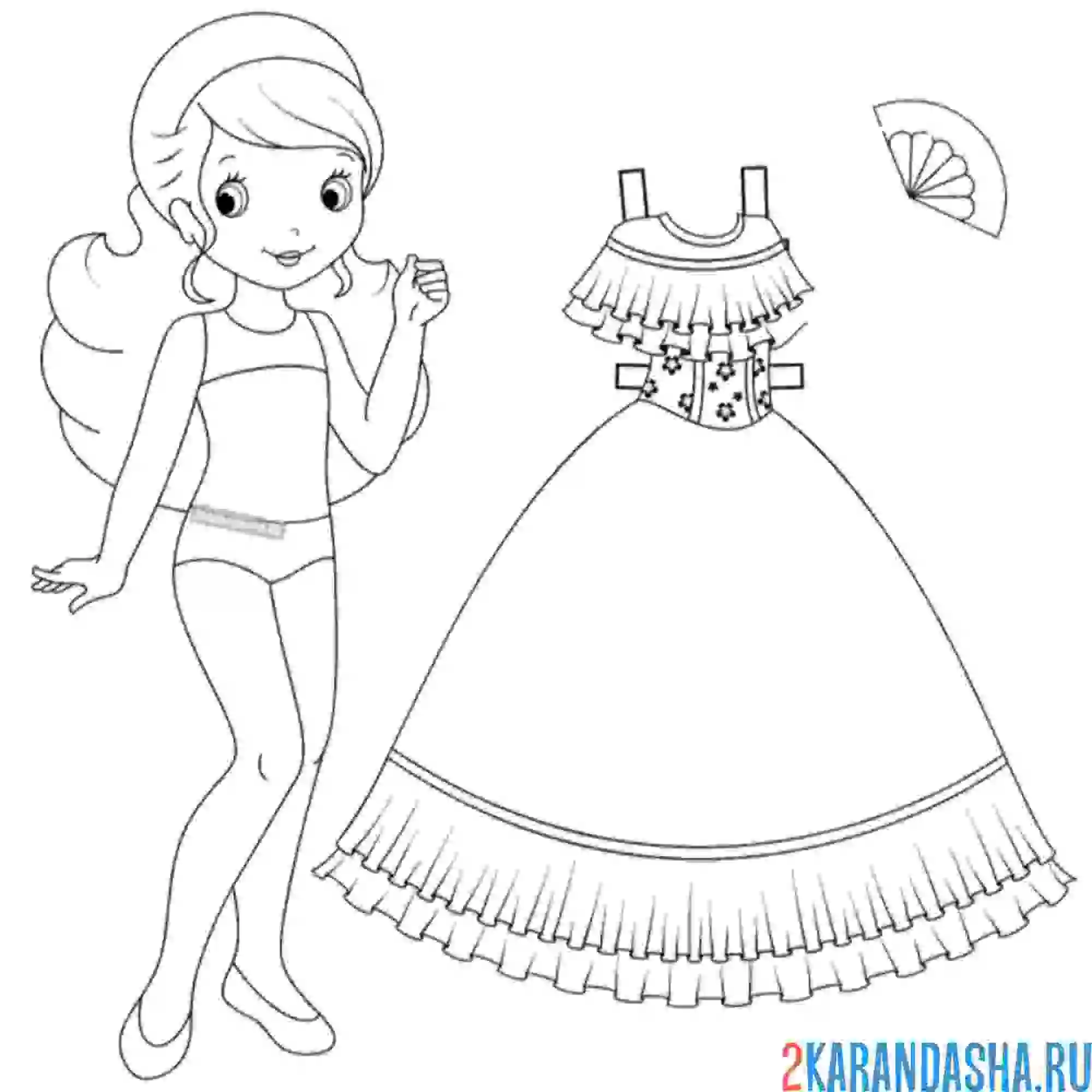 Раскраска бумажная кукла для вырезания маруся в пышном платье и веером