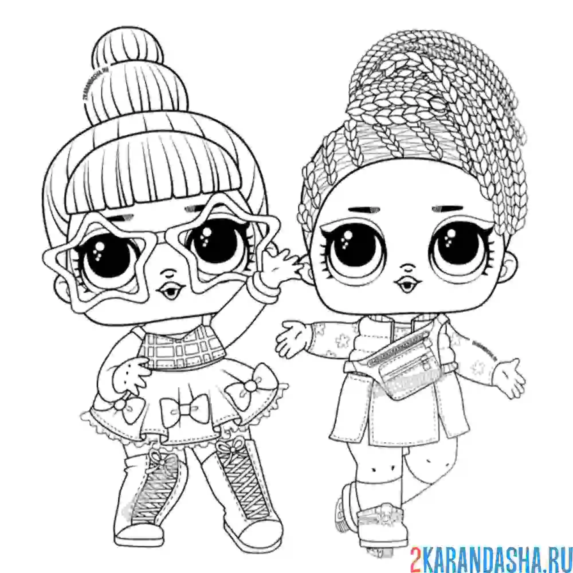 Раскраска несколько кукол лол мишура и фигуристка 8 с косичками