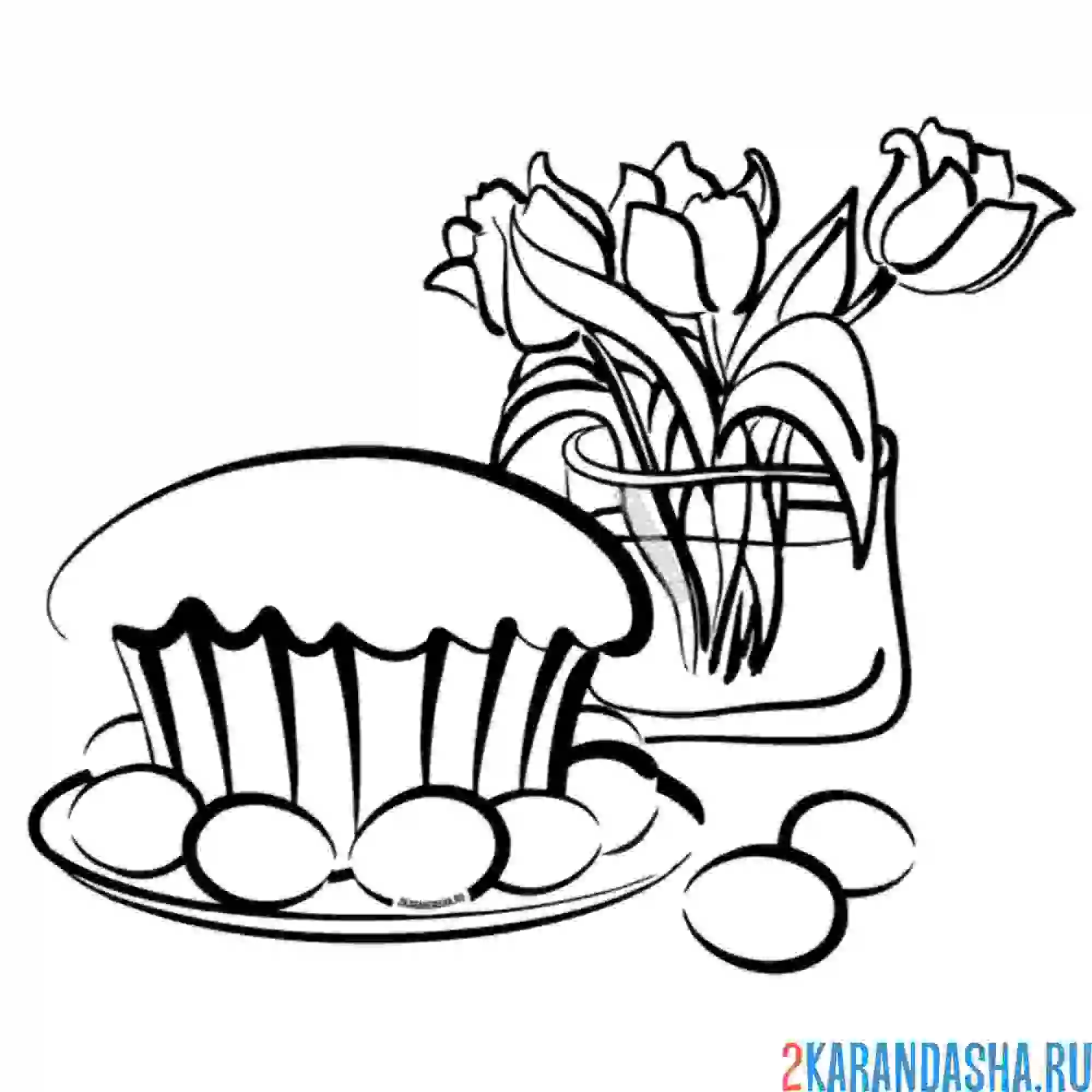 Раскраска кулич, яйца и цветы