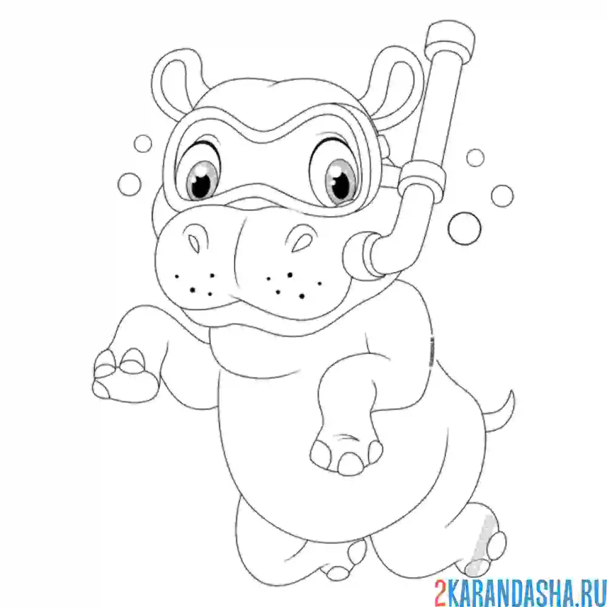 Раскраска бегемотик под водой в маске с трубкой