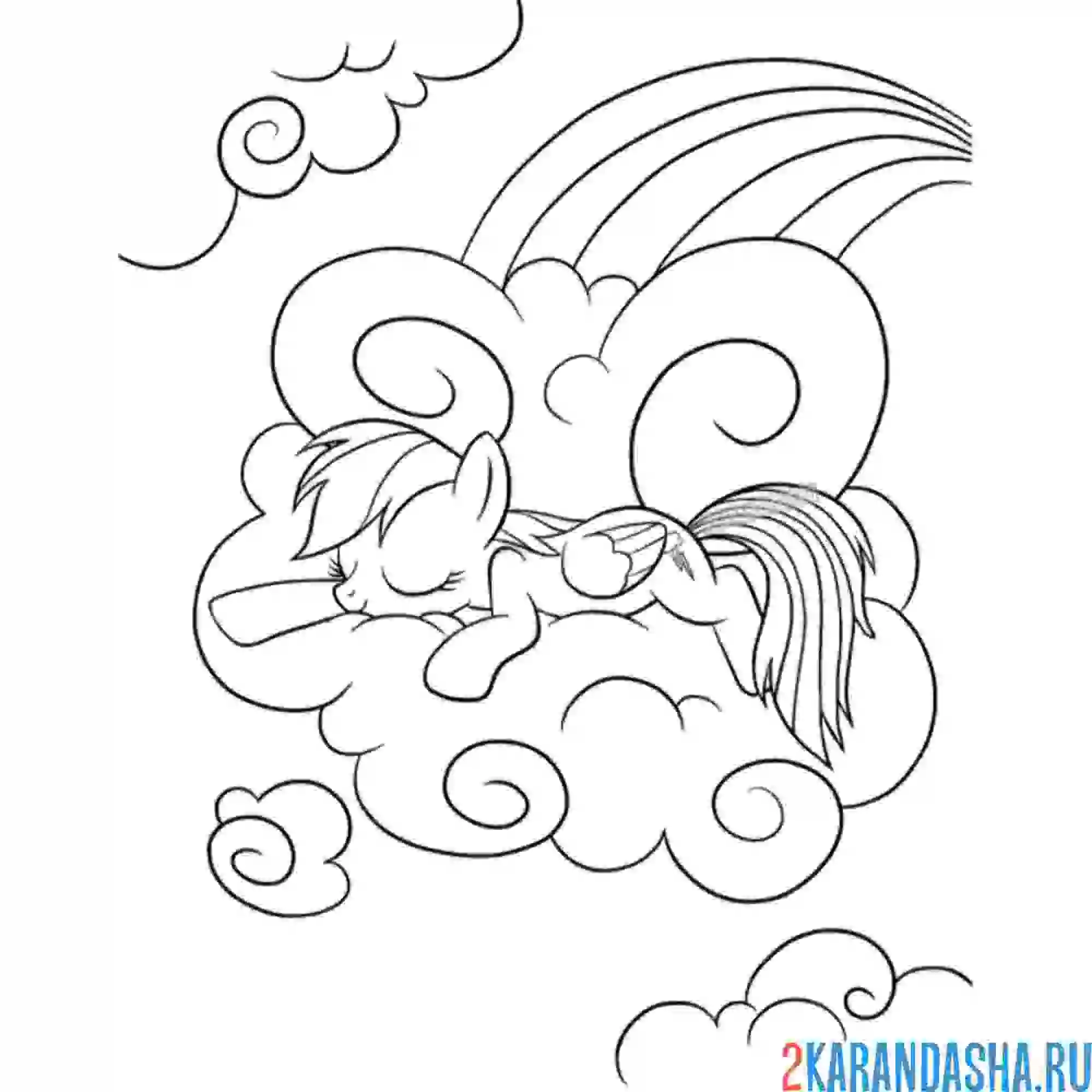 Раскраска радуга дэш в облаках и на радуге