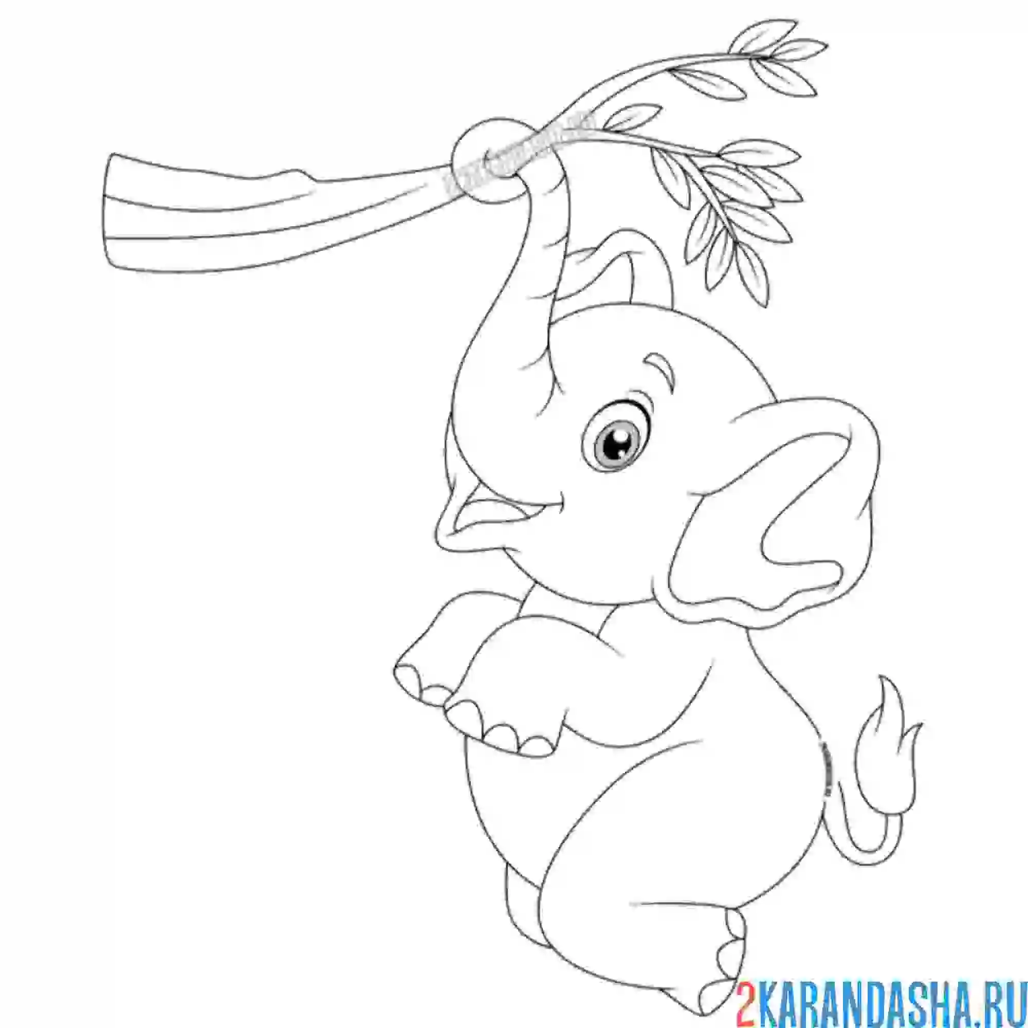 Раскраска милый слоненок висит на ветке