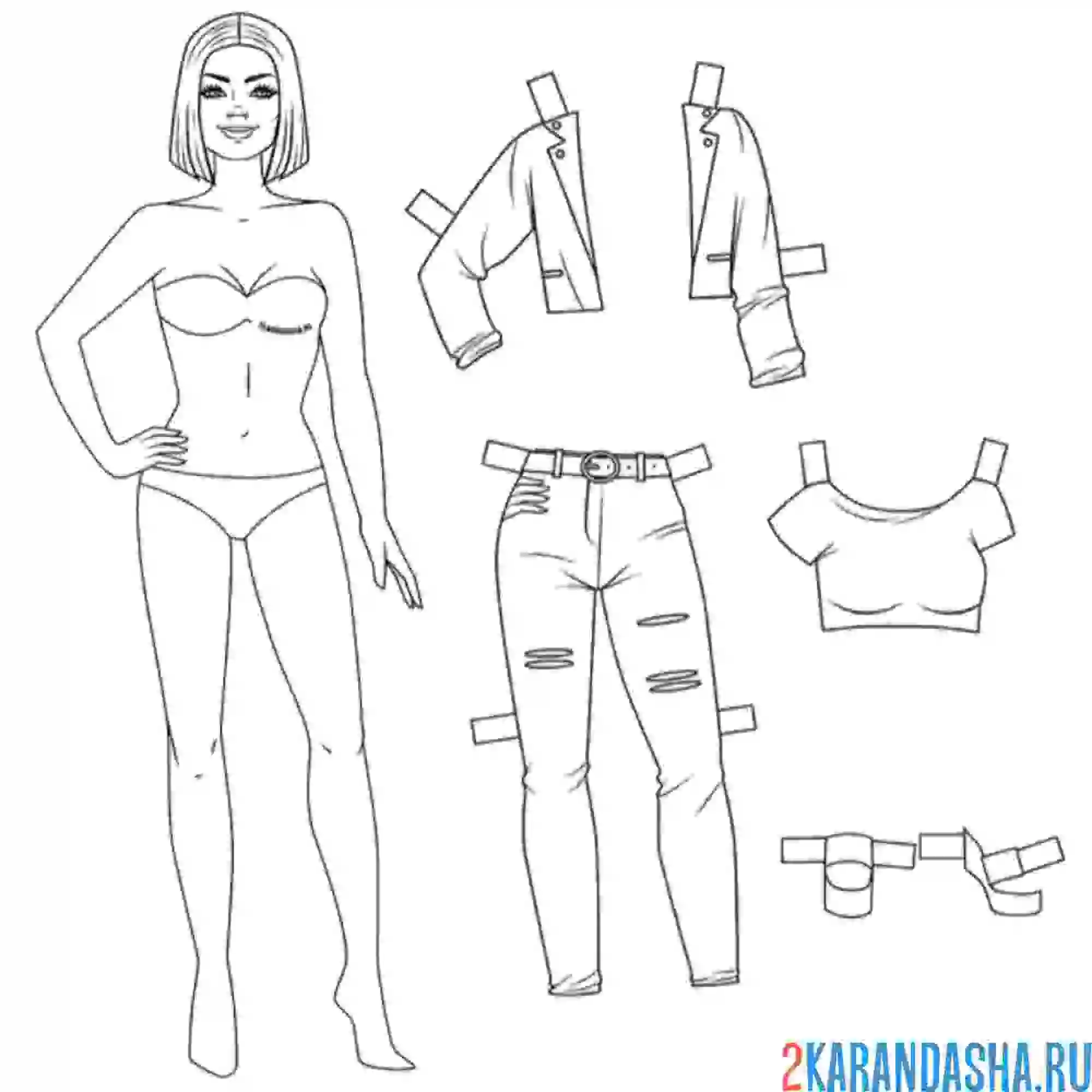 Раскраска бумажная кукла для вырезания жасмин и повседневная одежда: куртка, топ, джинсы