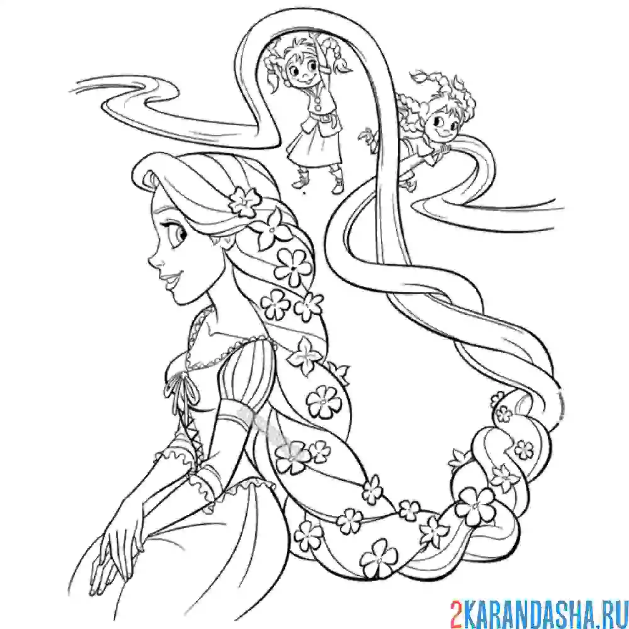 Раскраска с длинными волосами и цветами