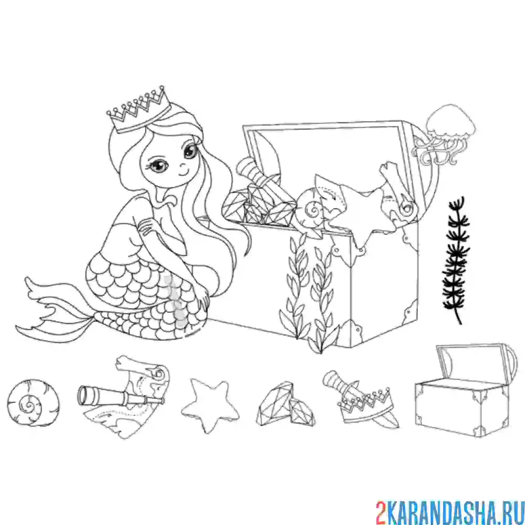 Раскраска русалка с сундуком сокровищей