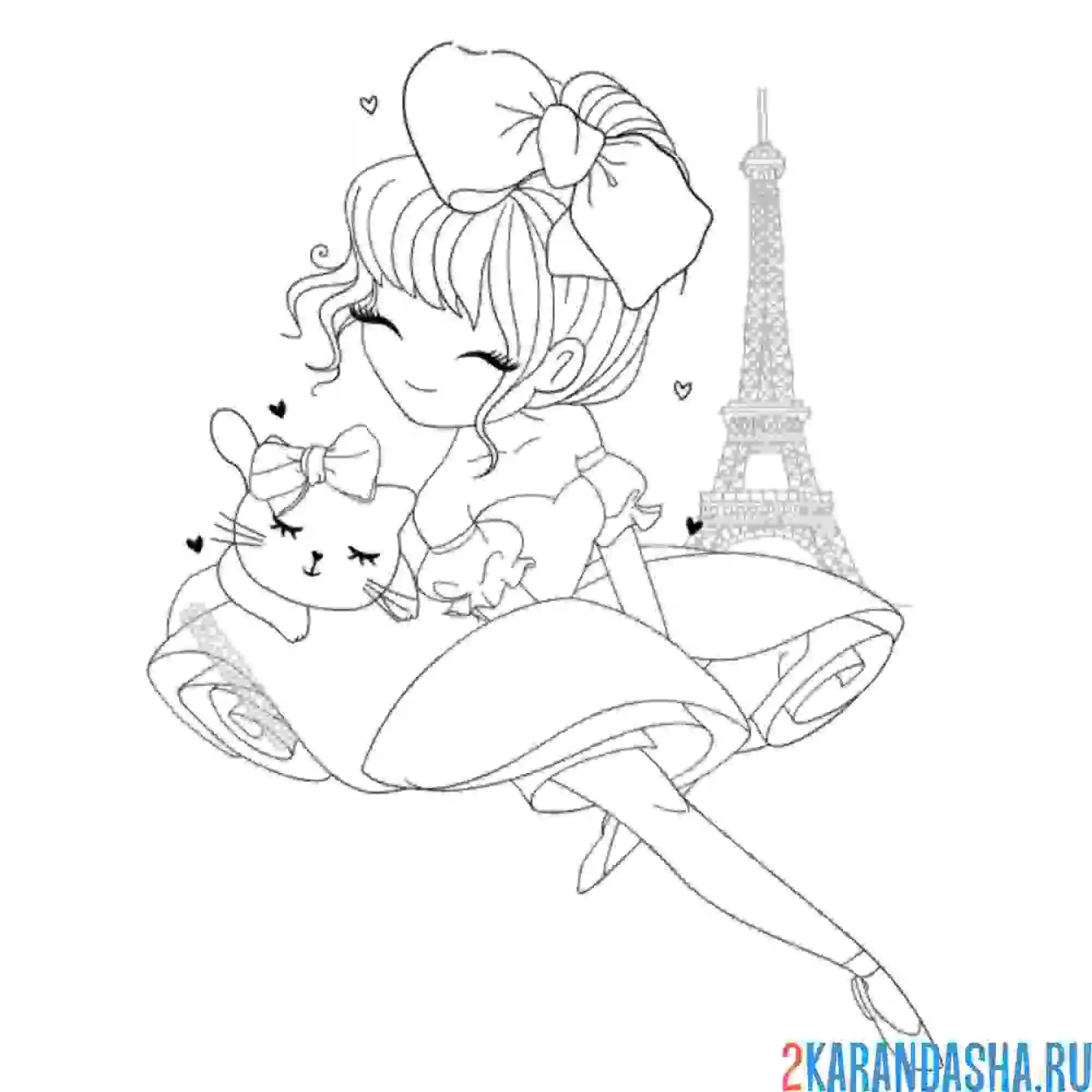 Раскраска балерина француженка с котиком