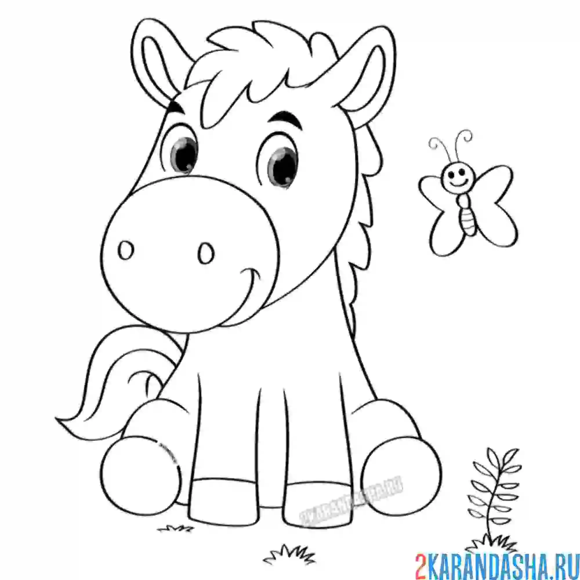 Раскраска лошадка смотрит на бабочку