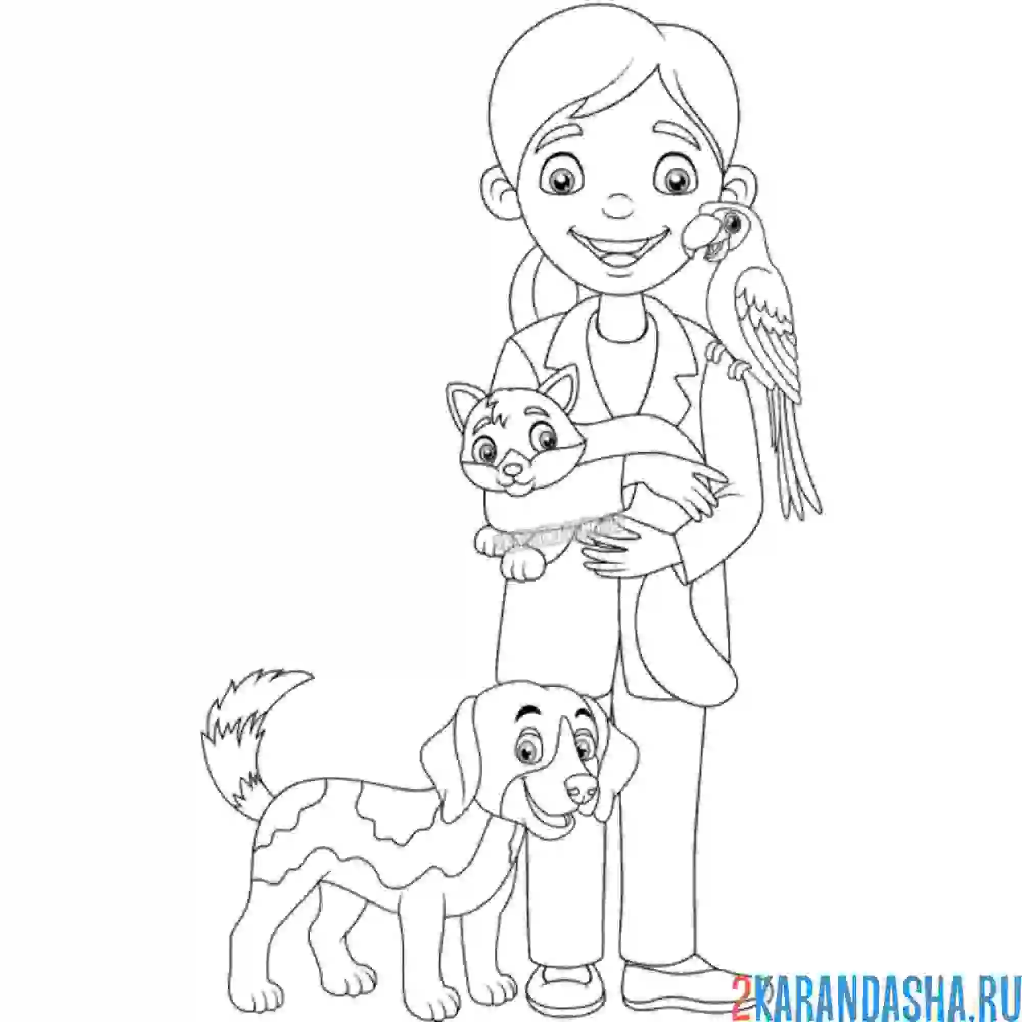 Раскраска девушка ветеринар с животными профессия