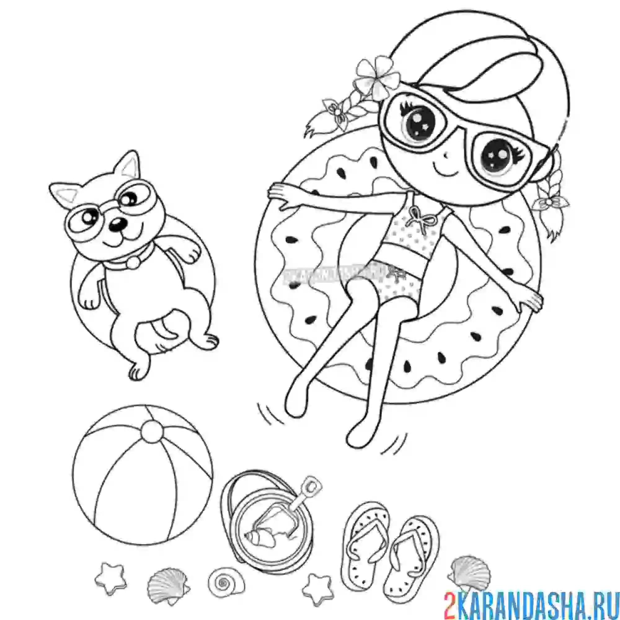 Раскраска девочка на круге пончике лето