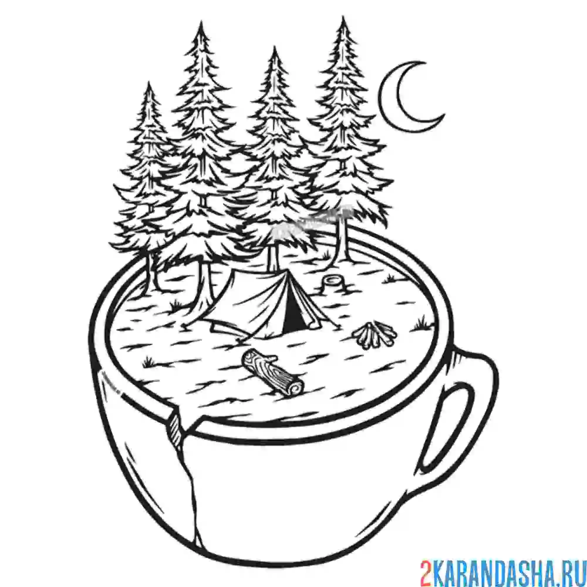 Раскраска теплое время года, палатка, лес и луна. лето