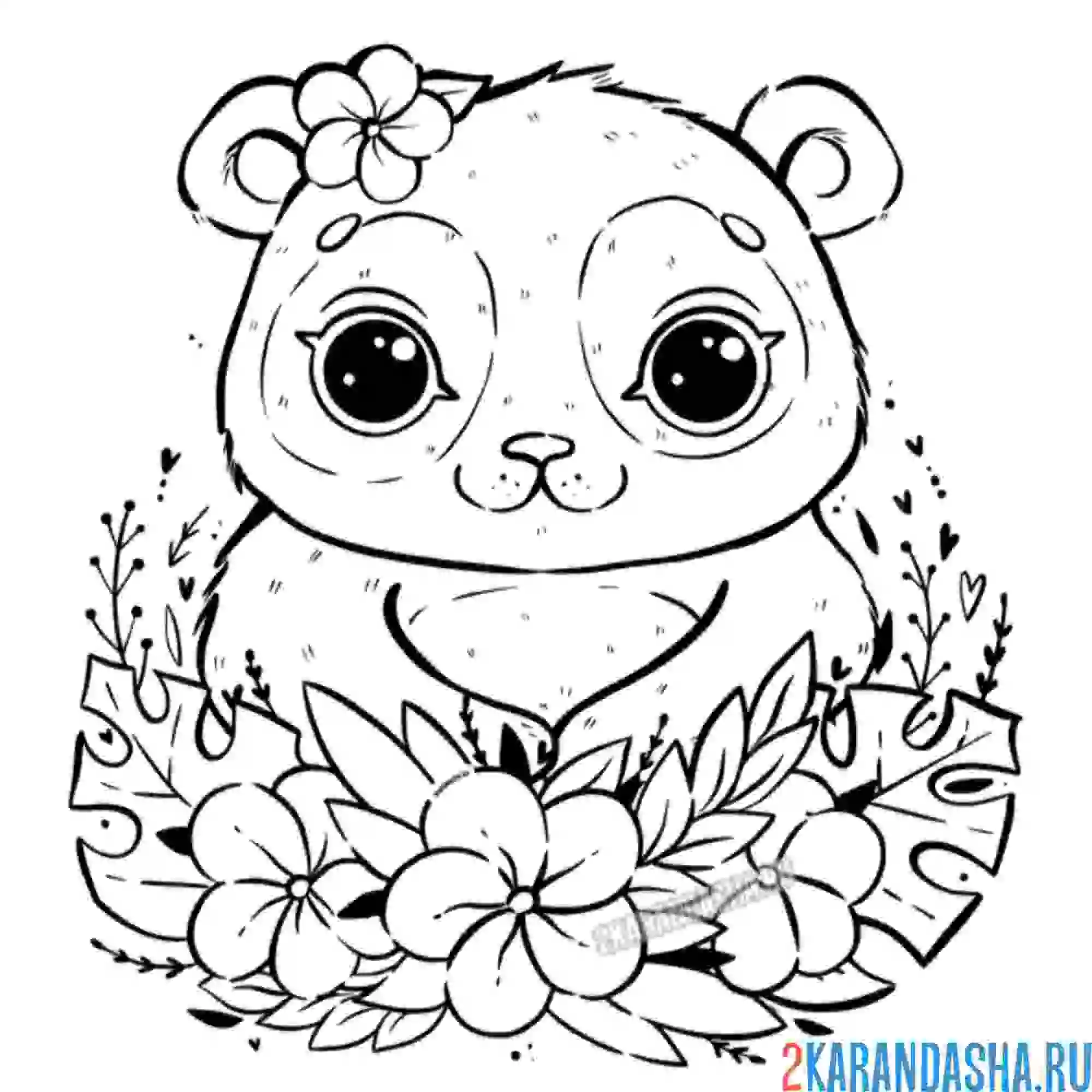 Раскраска милый мишка панда в цветах