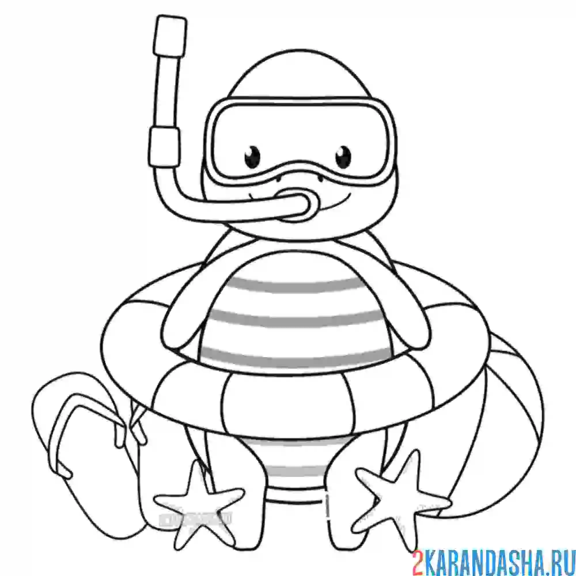 Раскраска черепаха в маске и круге, лето