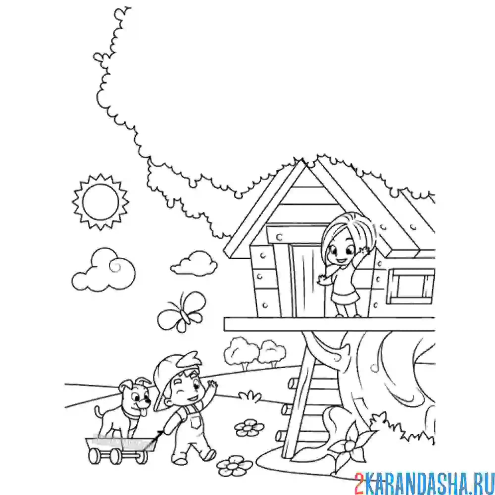 Раскраска домик на дереве. дети играют. лето