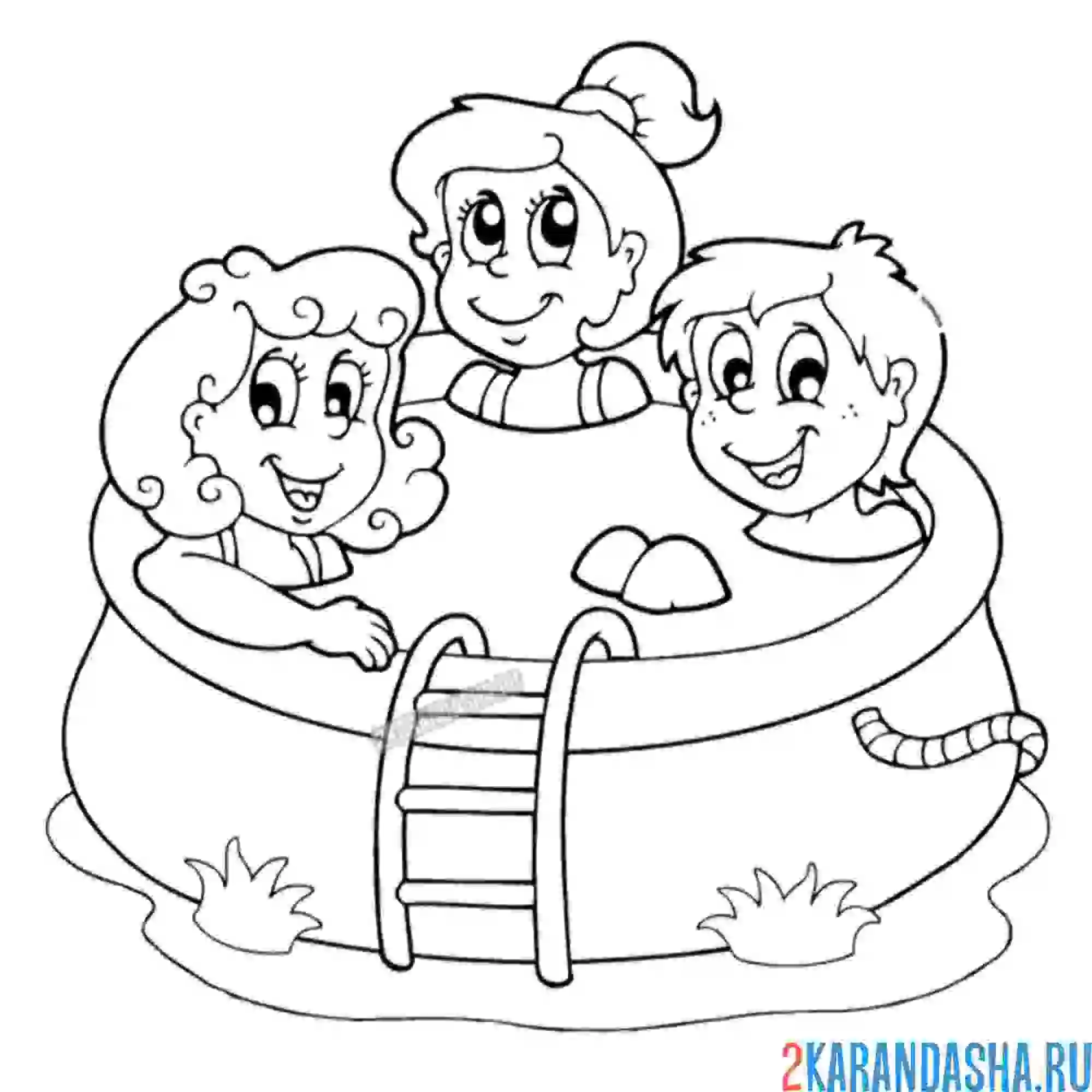 Раскраска дети в бассейне на даче, лето