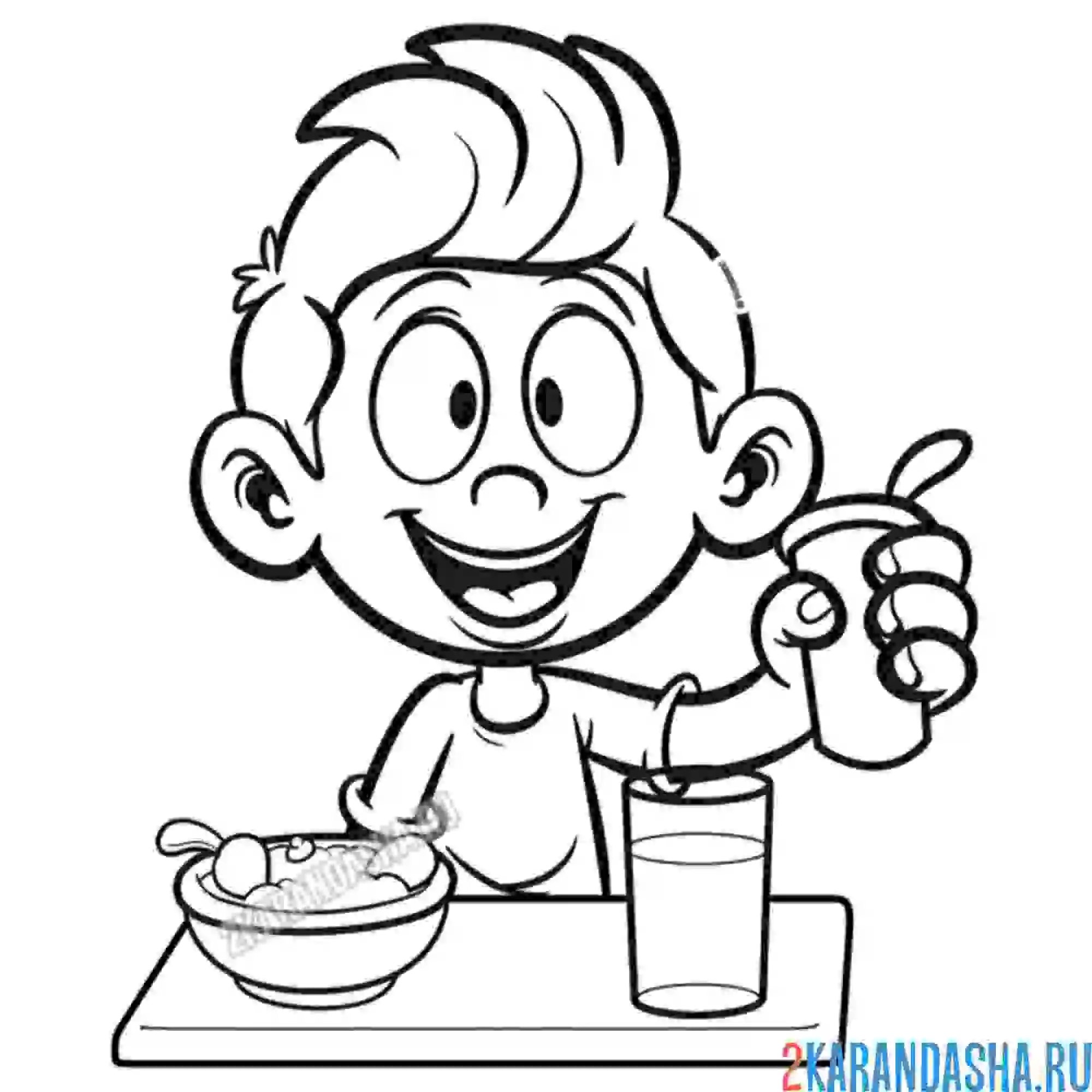 Раскраска мальчик ест кашу и пьет сок. школьный обед